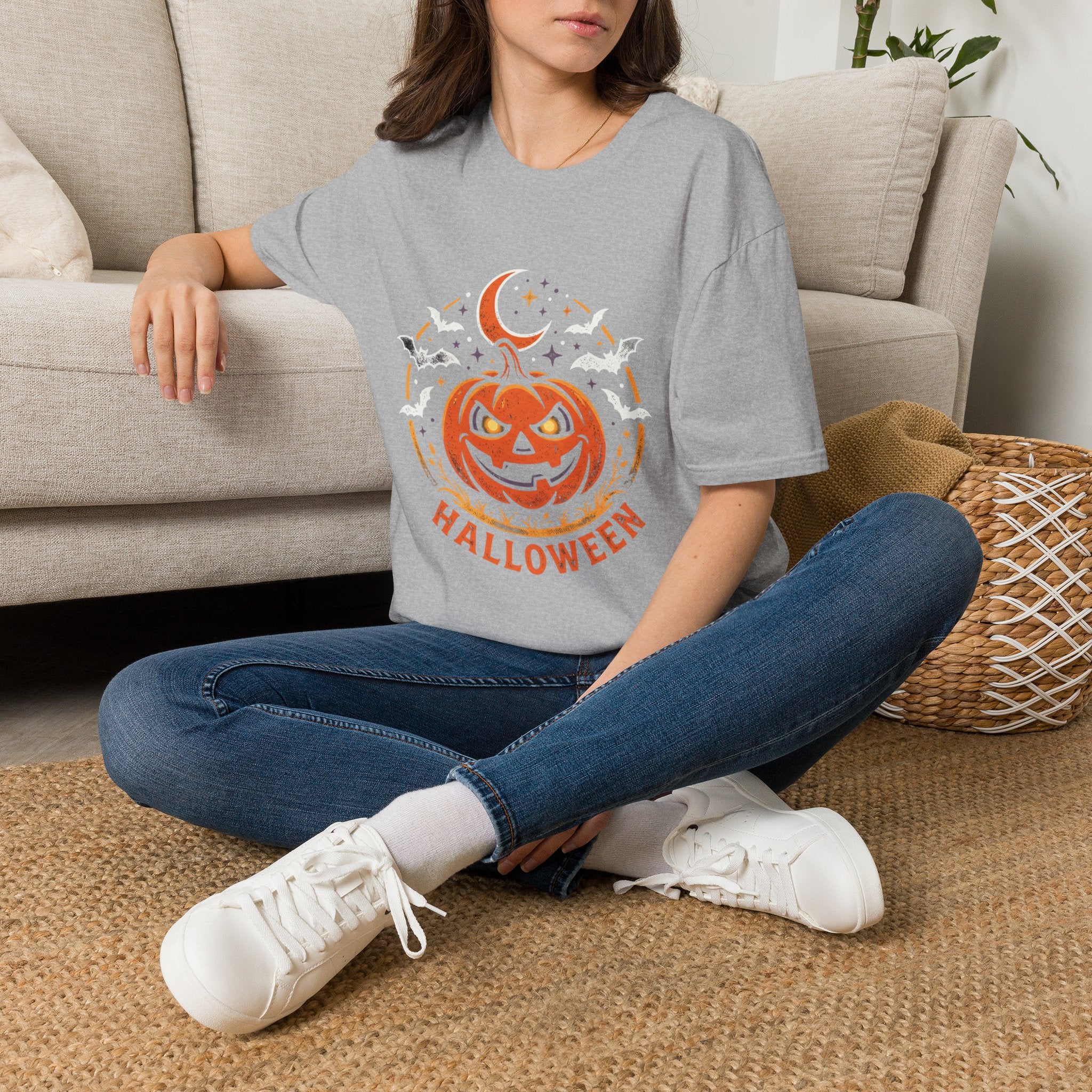 Halloween Pumpkin Tee — Jack-O'-Lantern Moon & Bats Graphic T-Shirt