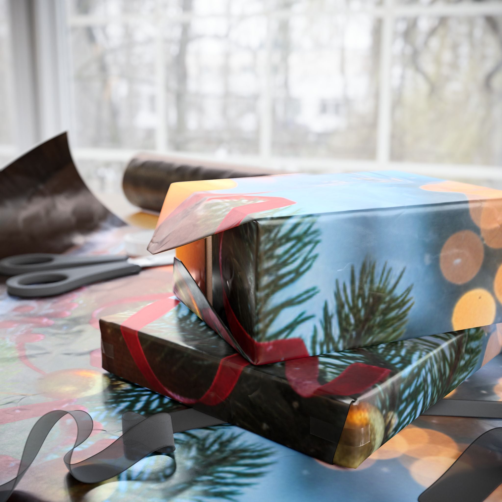 Christmas Window Scene Wrapping Paper — Holiday Candle & Tree Gift Wrap