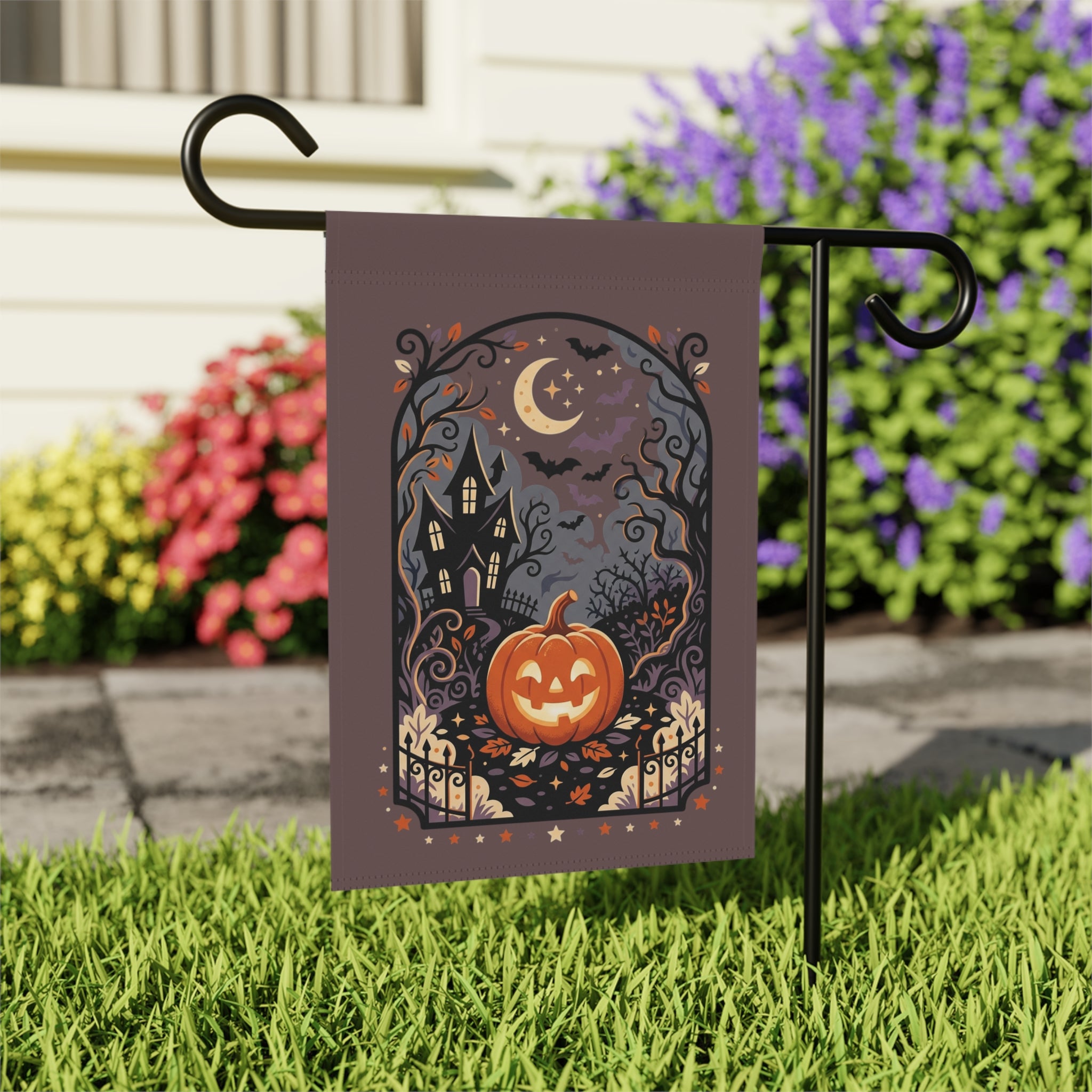Halloween Garden Flag — Haunted House Pumpkin Yard Banner