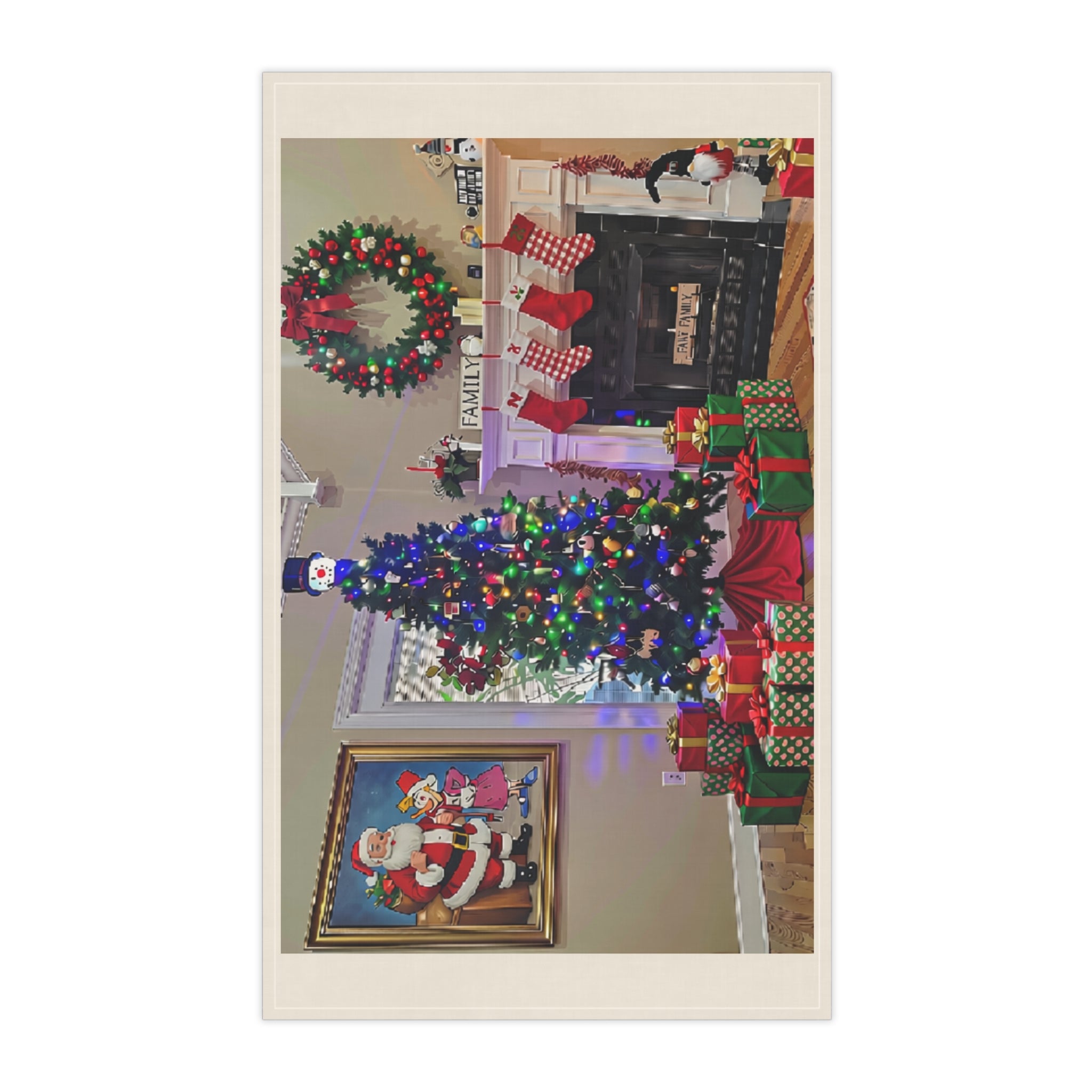 Christmas Living Room Tea Towel — Festive Tree, Stockings & Presents Cotton Kitchen Towel