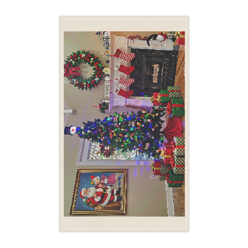 Christmas Living Room Tea Towel — Festive Tree, Stockings & Presents Cotton Kitchen Towel