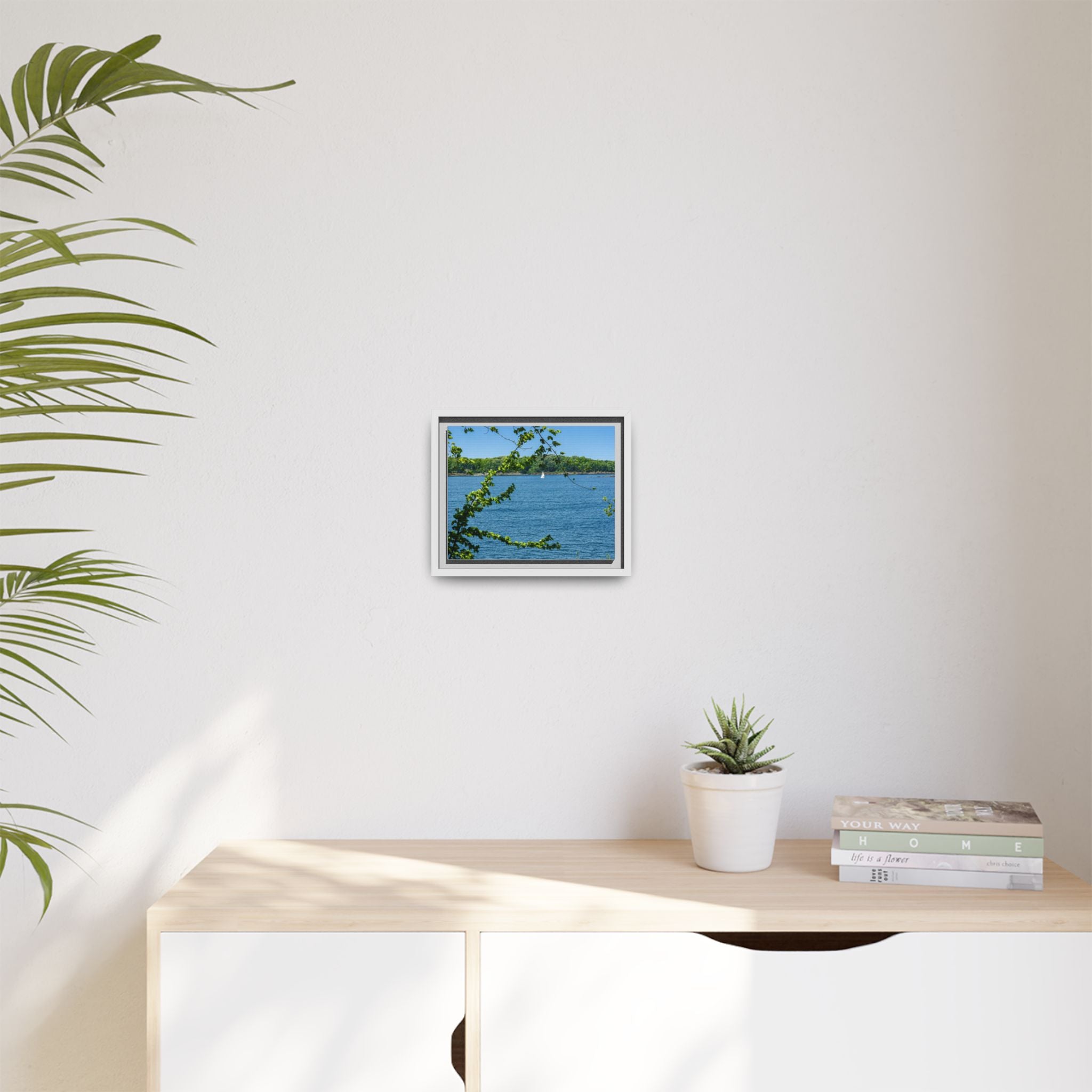 Framed Matte Canvas Print — Lakeside Sailboat Wall Art