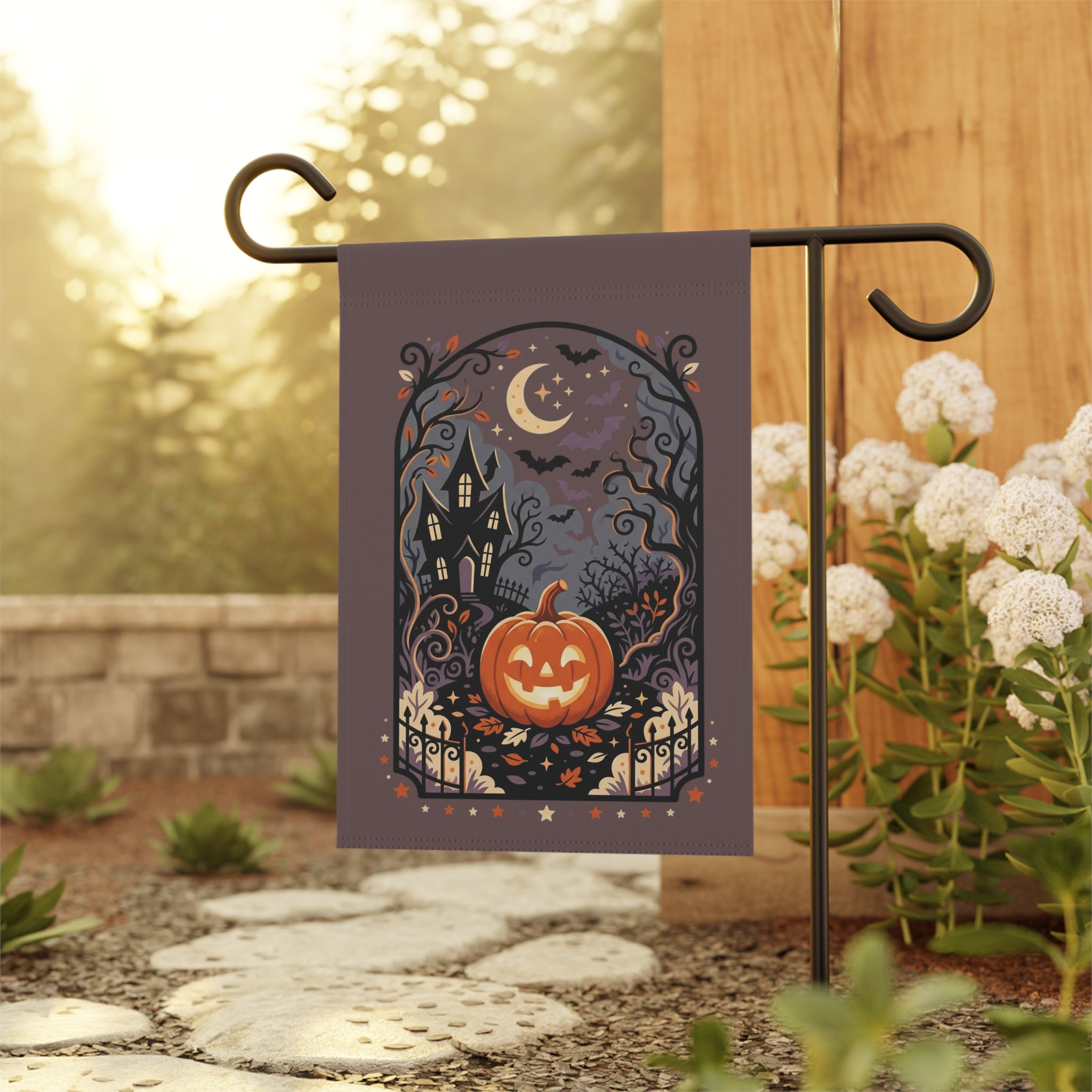 Halloween Garden Flag — Haunted House Pumpkin Yard Banner