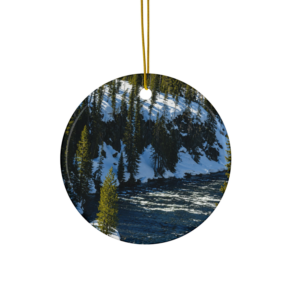 Scenic Winter River Ceramic Ornament – Round Holiday Keepsake