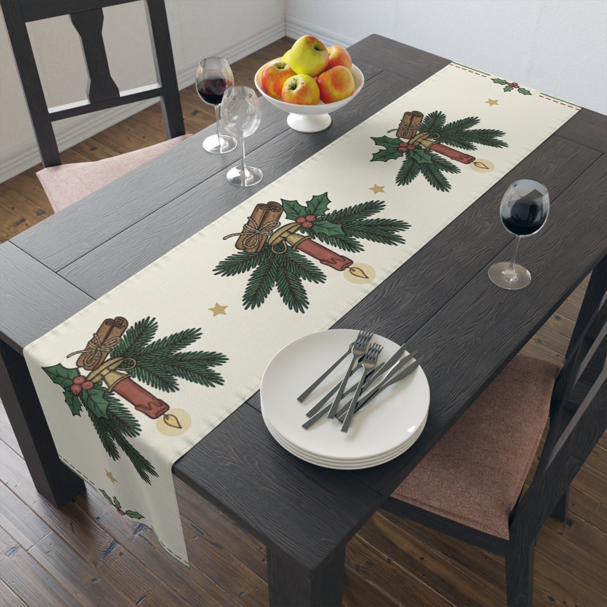 Christmas Candle & Holly Table Runner – Festive Holiday Dining Decor