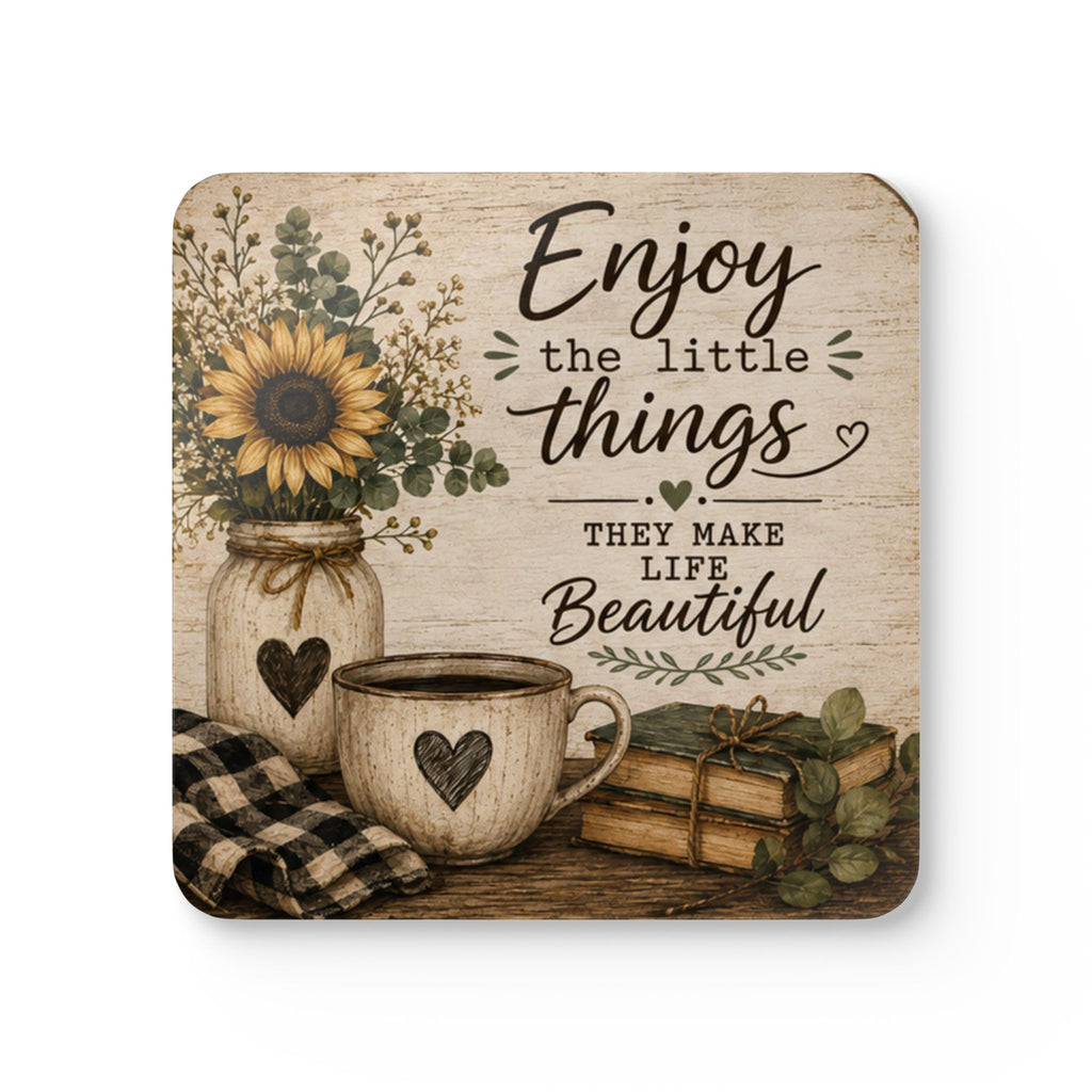 Enjoy the Little Things Cork Coaster Set – Rustic Sunflower Kitchen Decor (4-Pack)