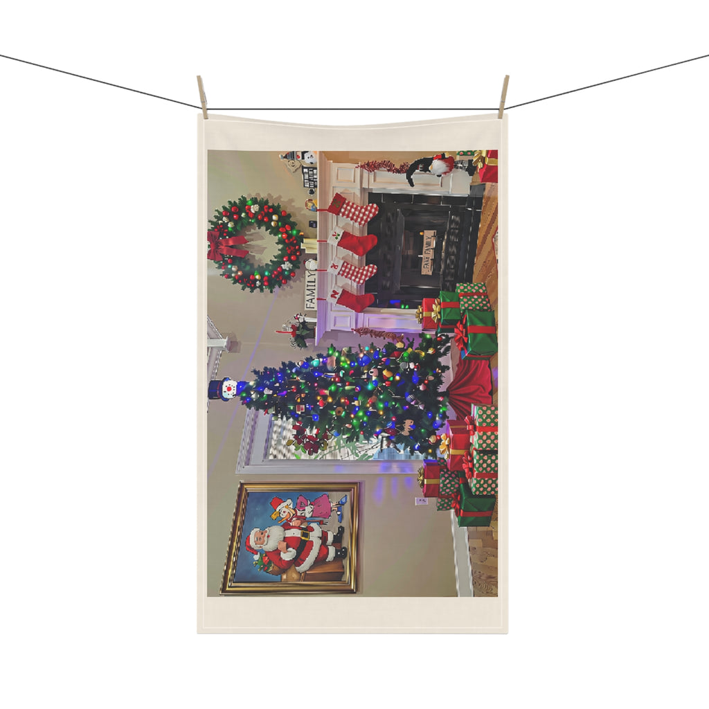 Christmas Living Room Tea Towel — Festive Tree, Stockings & Presents Cotton Kitchen Towel
