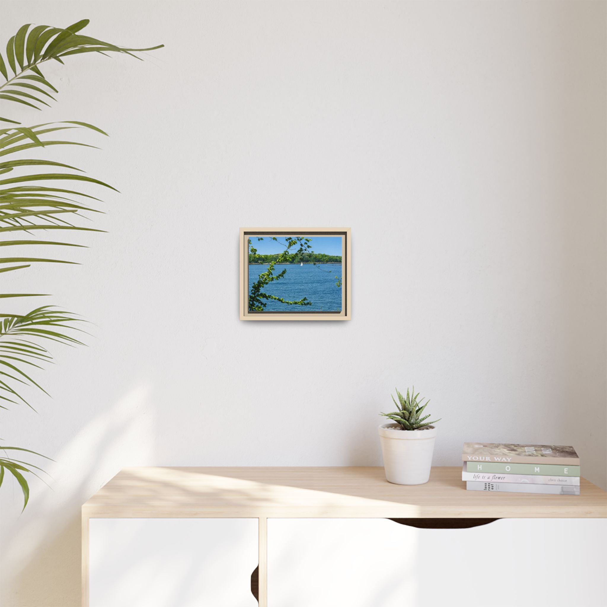Framed Matte Canvas Print — Lakeside Sailboat Wall Art