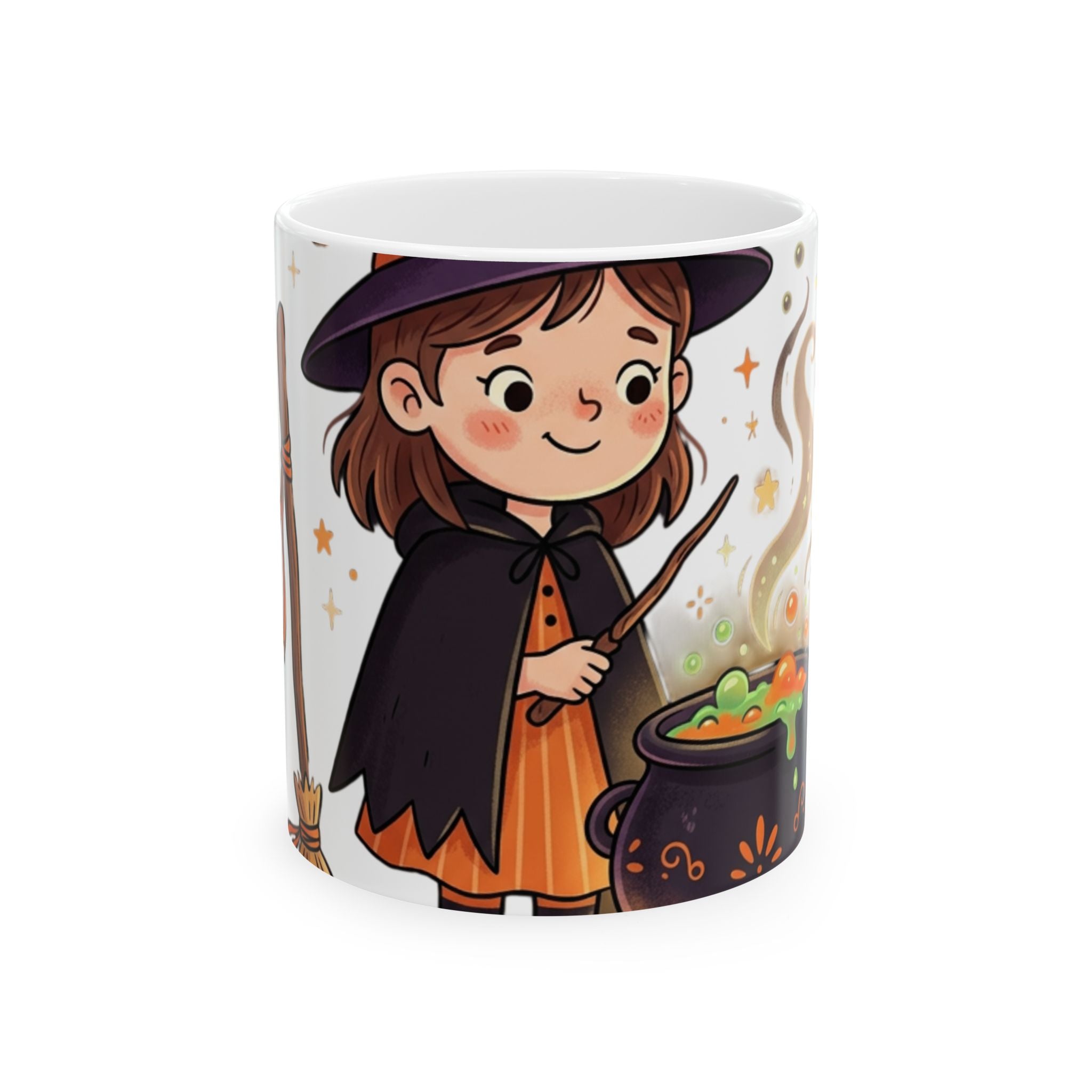 Halloween Cute Witch Ceramic Mug — Adorable Little Witch with Cauldron (11oz & 15oz)