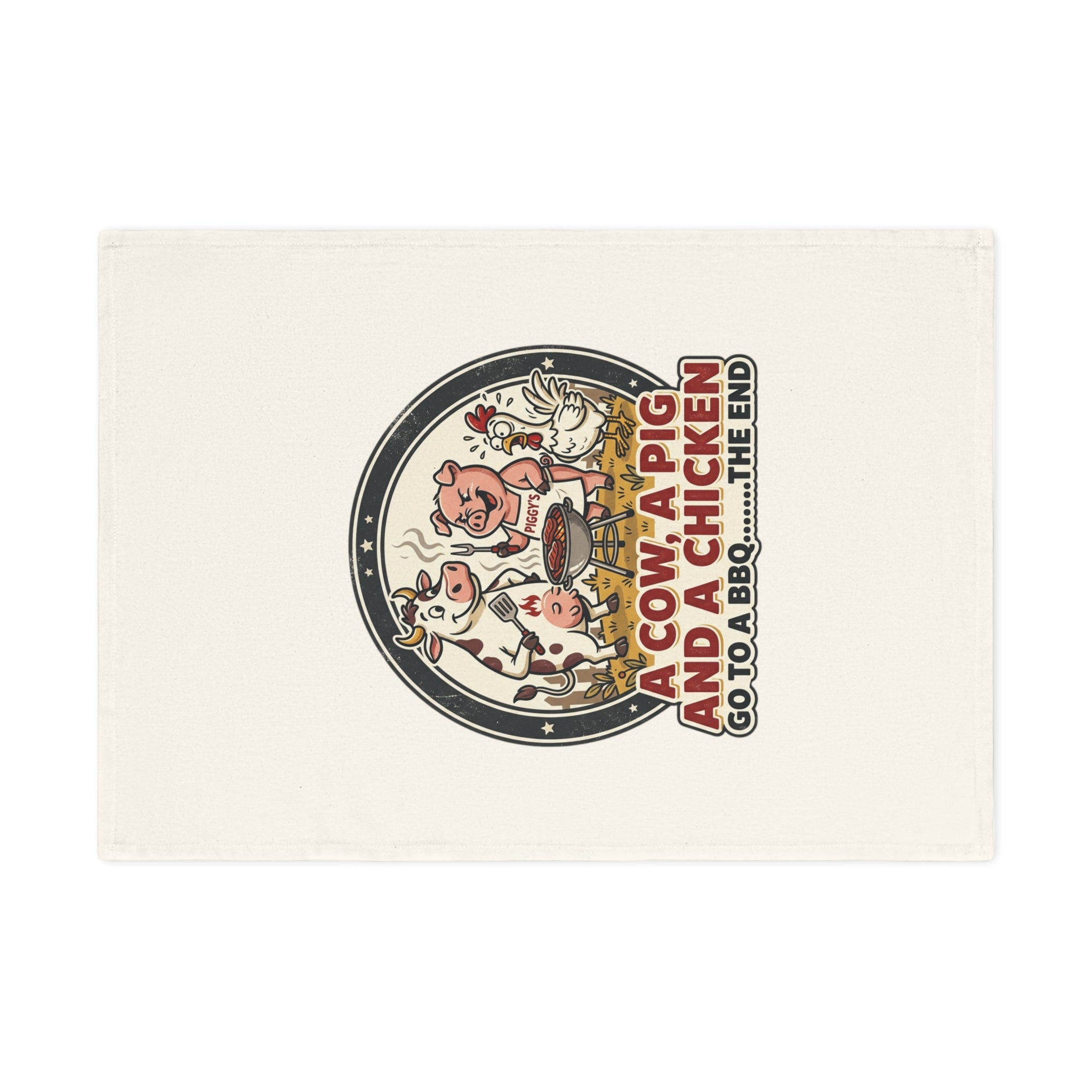 Cotton Tea Towel - Retro BBQ Farm Animals "A Cow, A Pig and A Chicken Go to a BBQ...The End"
