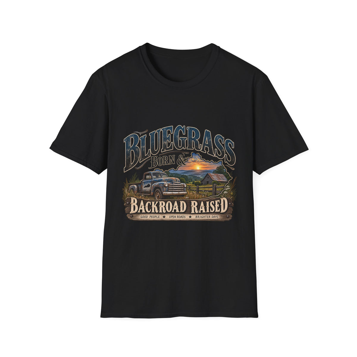 Bluegrass Born & Backroad Raised T-Shirt — Country Sunset Graphic Tee