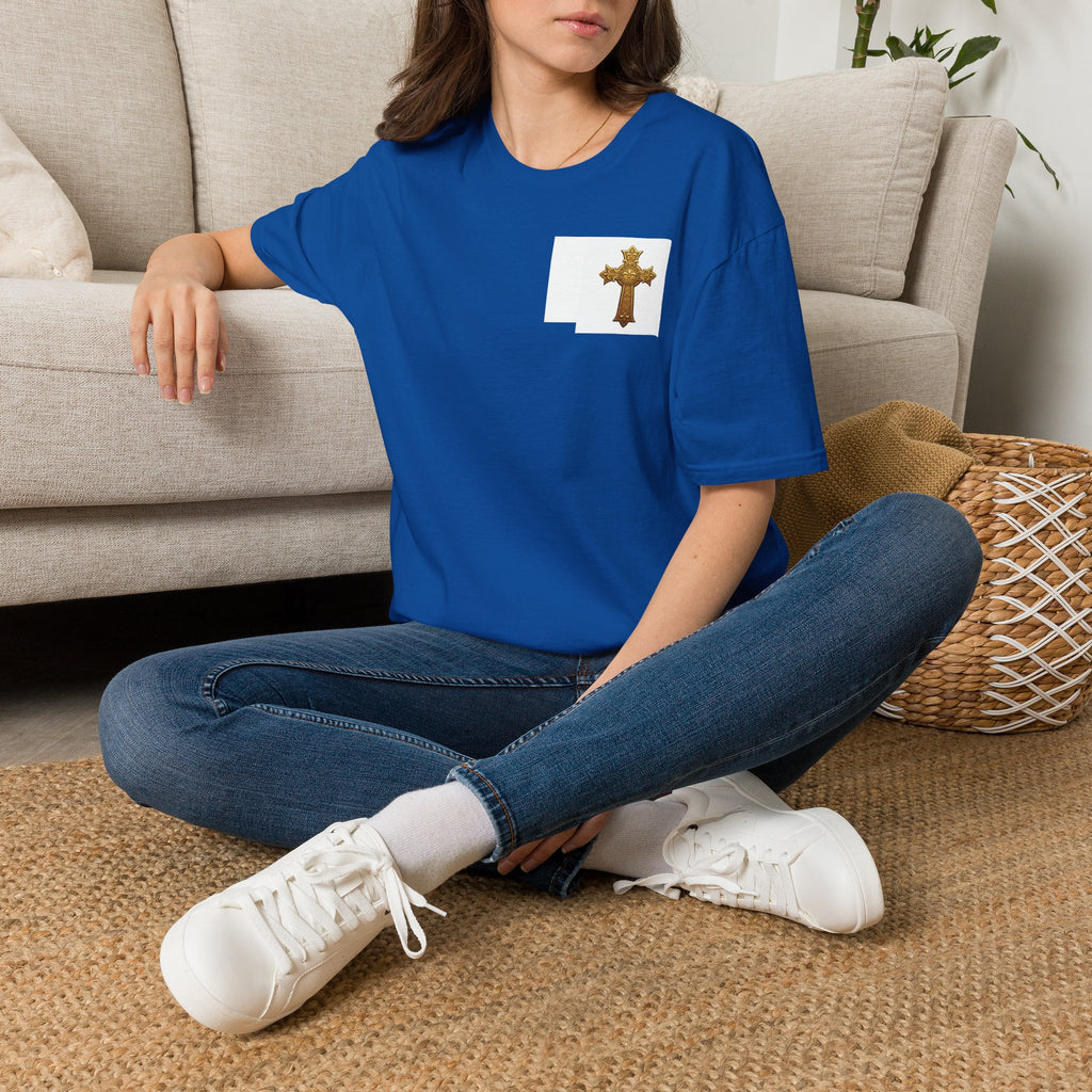 Gold Celtic Cross Pocket T‑Shirt — Small Chest Cross Christian Tee