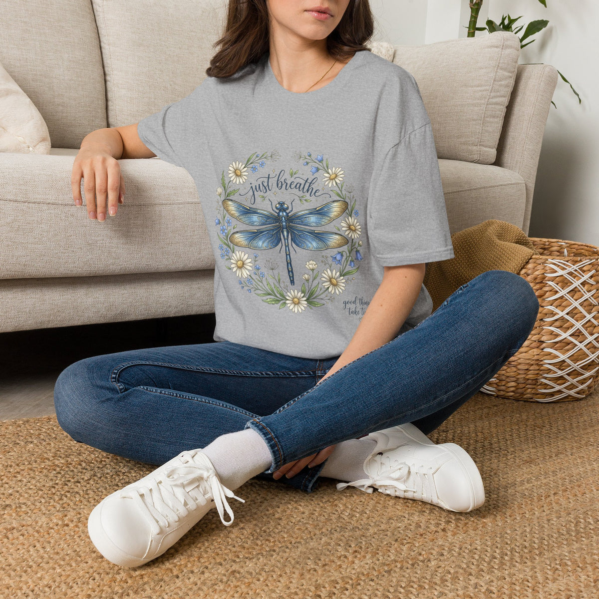 T-Shirt — "Just Breathe" Dragonfly Floral Relaxation Tee