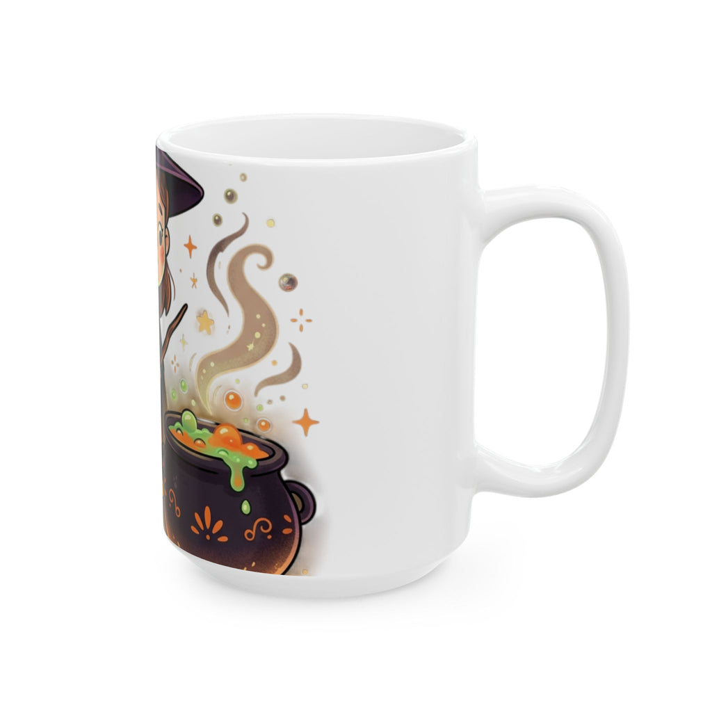 Halloween Cute Witch Ceramic Mug — Adorable Little Witch with Cauldron (11oz & 15oz)