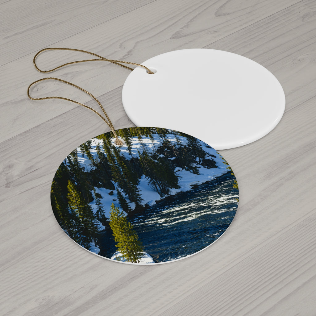 Scenic Winter River Ceramic Ornament – Round Holiday Keepsake