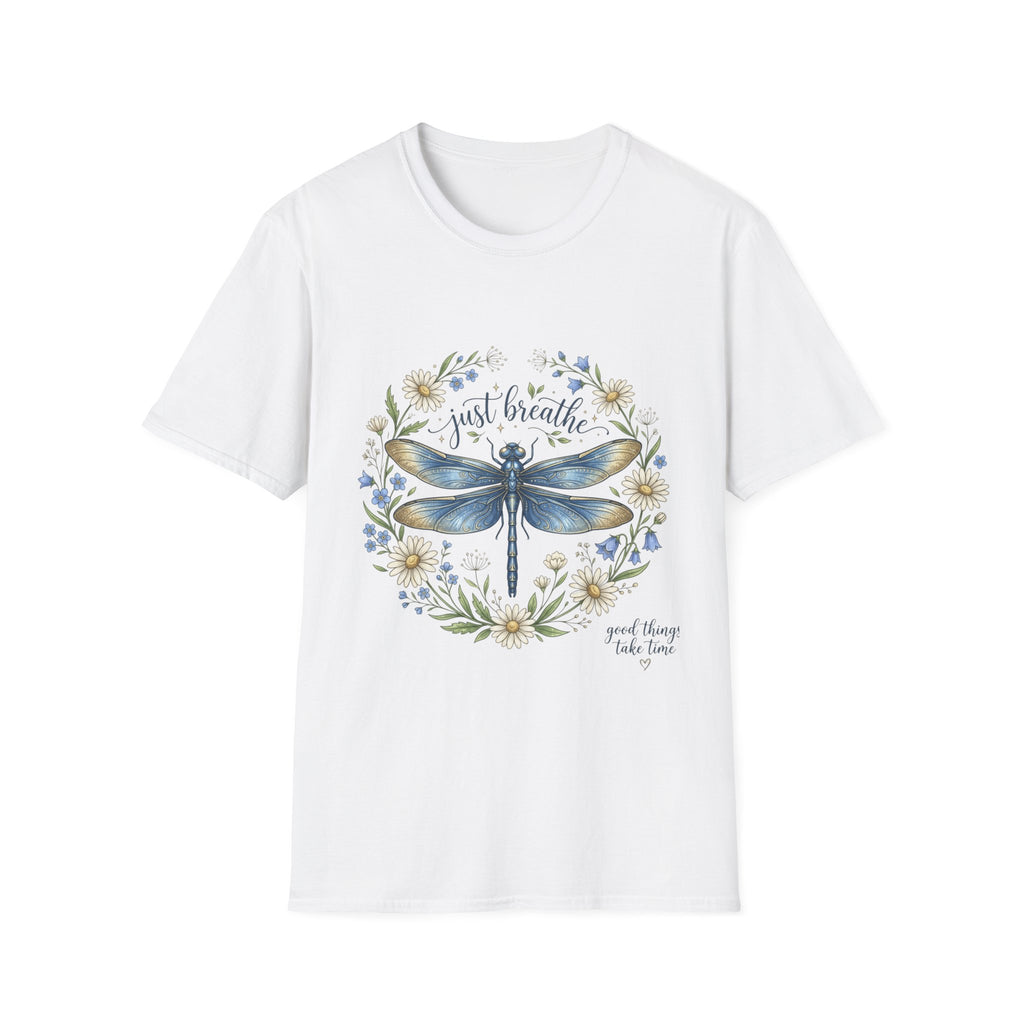 T-Shirt — "Just Breathe" Dragonfly Floral Relaxation Tee