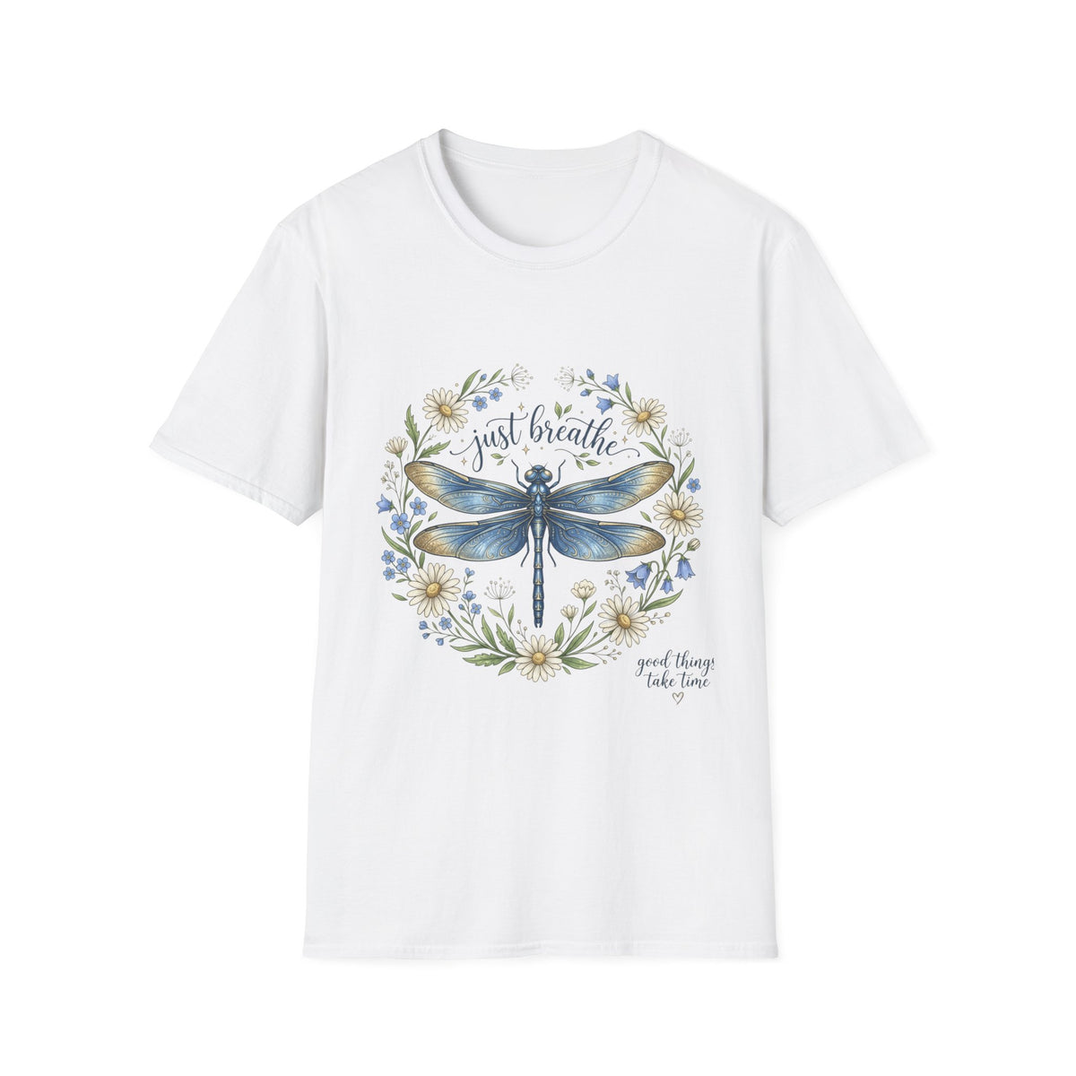 T-Shirt — "Just Breathe" Dragonfly Floral Relaxation Tee