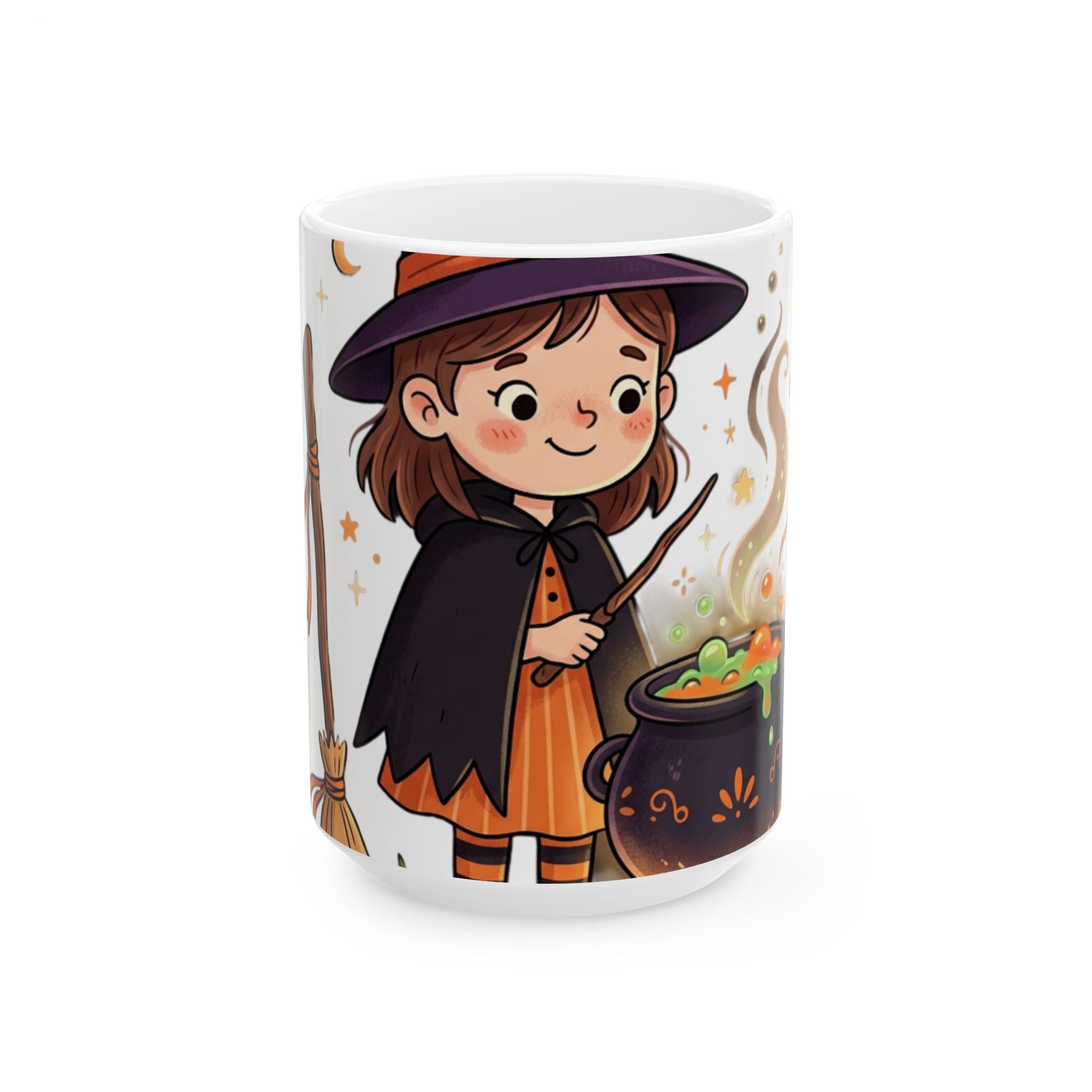 Halloween Cute Witch Ceramic Mug — Adorable Little Witch with Cauldron (11oz & 15oz)