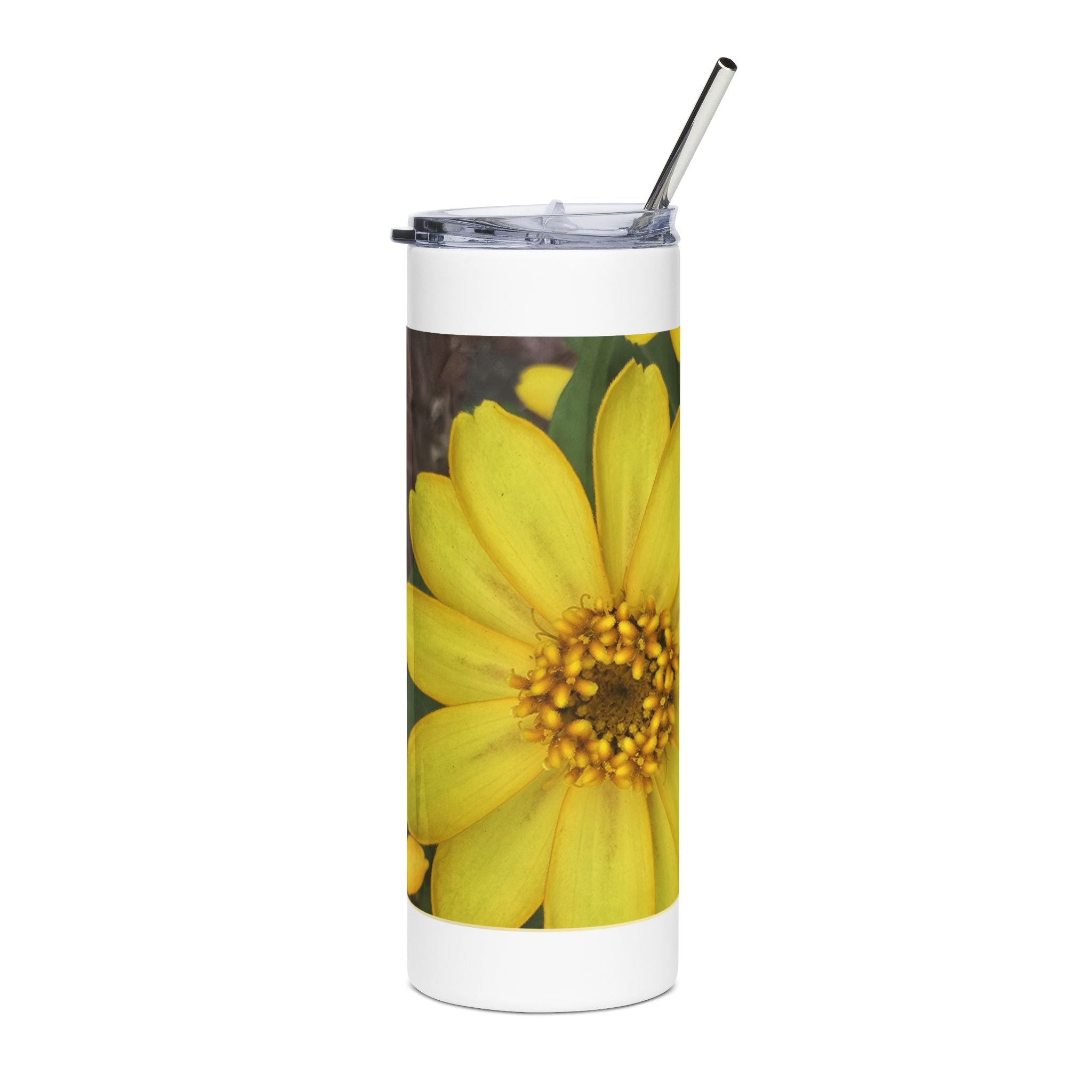 20oz Stainless Tumbler with Bright Yellow Daisy Photo – Insulated Floral Travel Cup