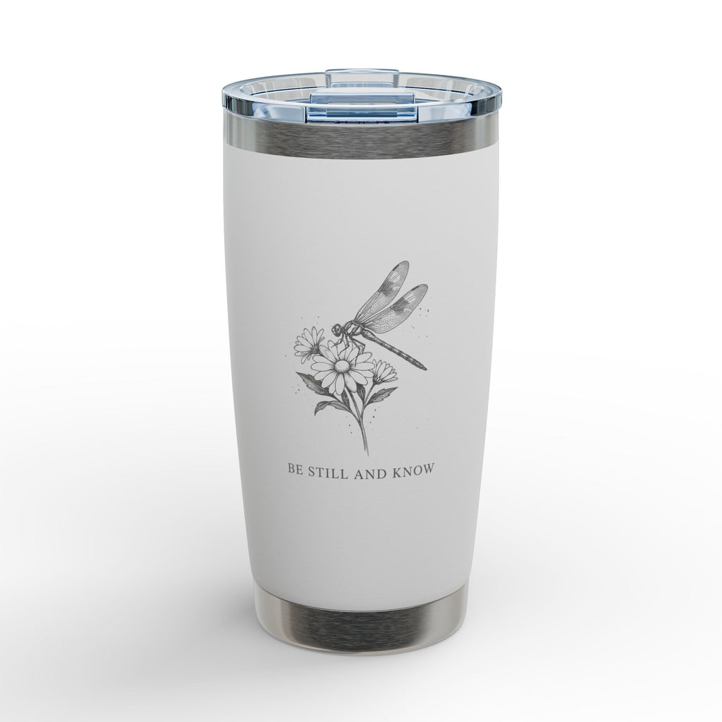 Engraved Dragonfly Tumbler — "Be Still and Know" 20oz Travel Cup