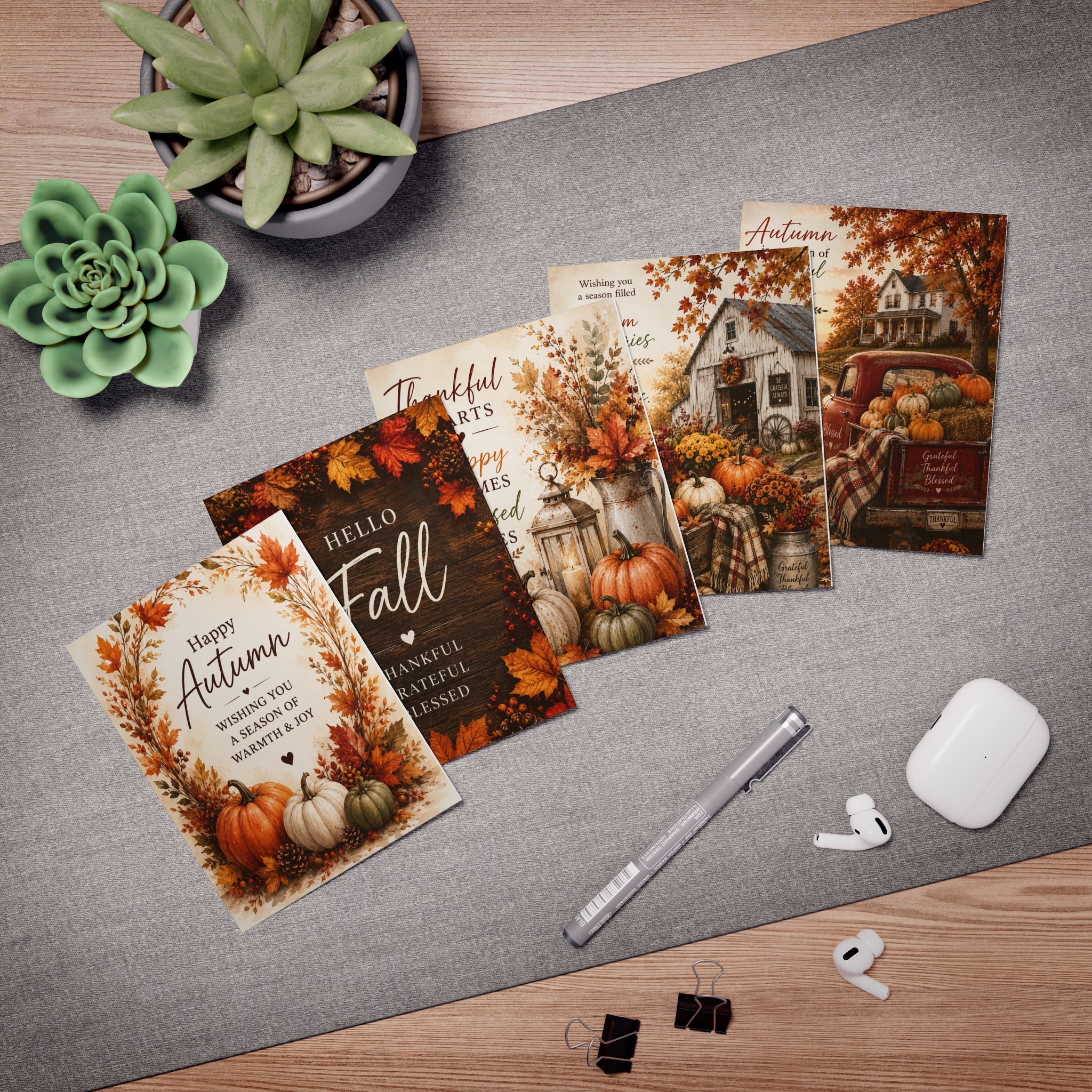 Autumn Harvest Greeting Cards 5-Pack — Hello Fall & Thankful Messages