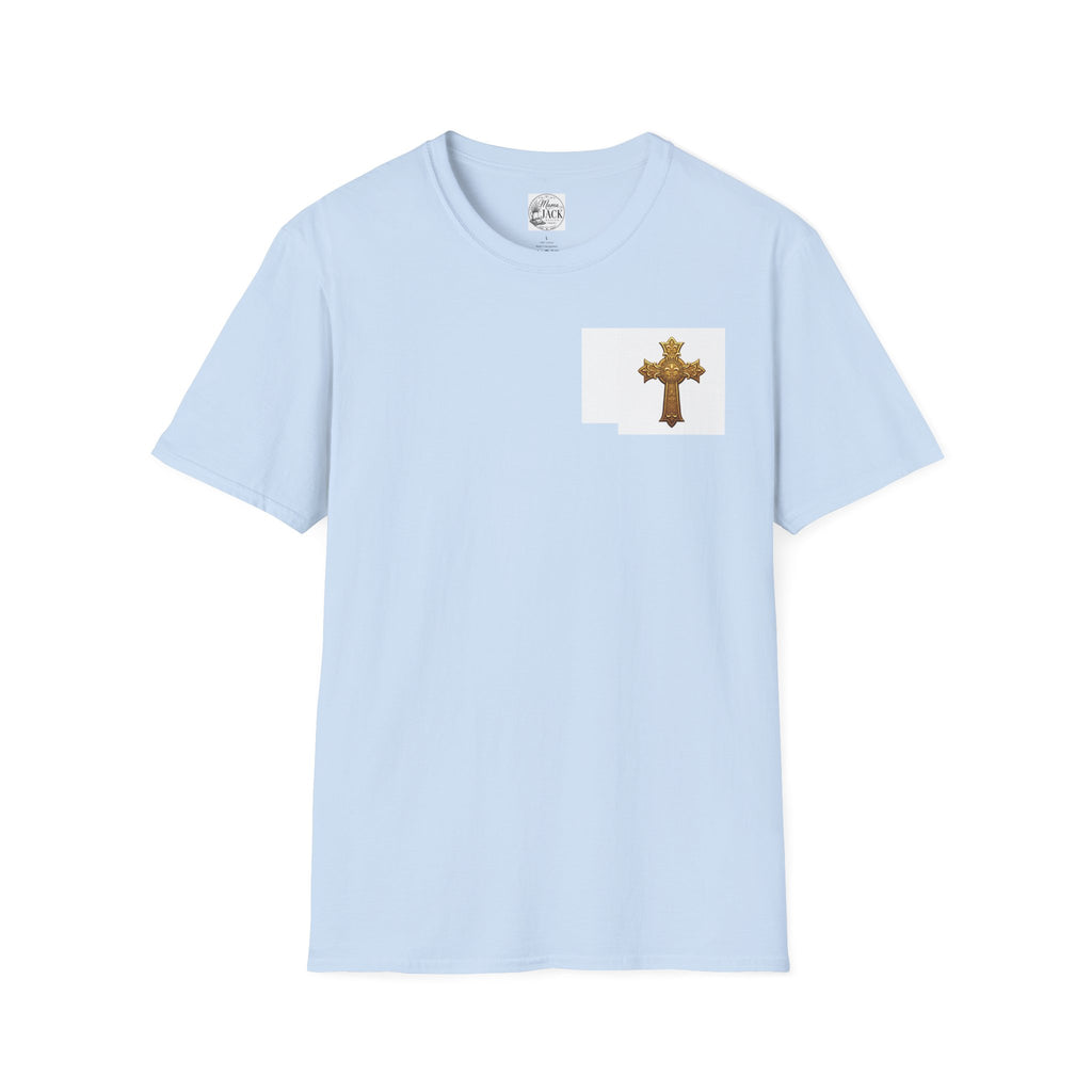 Gold Celtic Cross Pocket T‑Shirt — Small Chest Cross Christian Tee