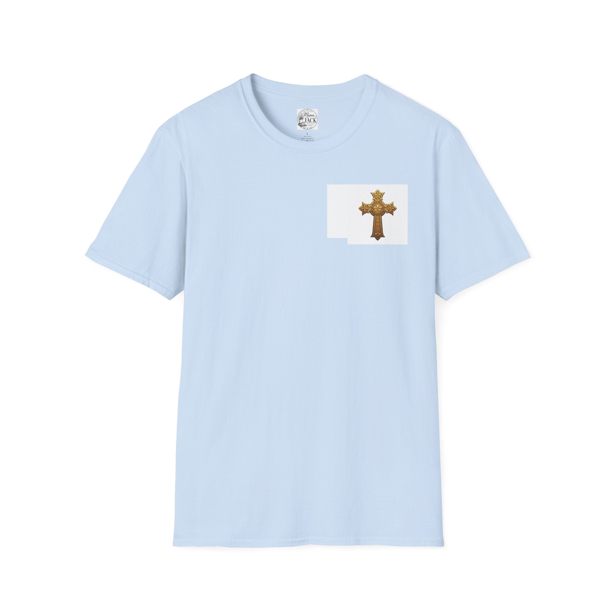 Gold Celtic Cross Pocket T‑Shirt — Small Chest Cross Christian Tee