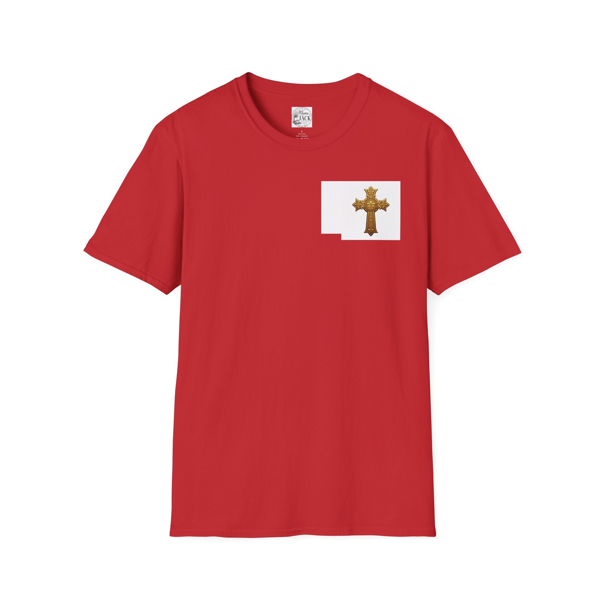 Gold Celtic Cross Pocket T‑Shirt — Small Chest Cross Christian Tee