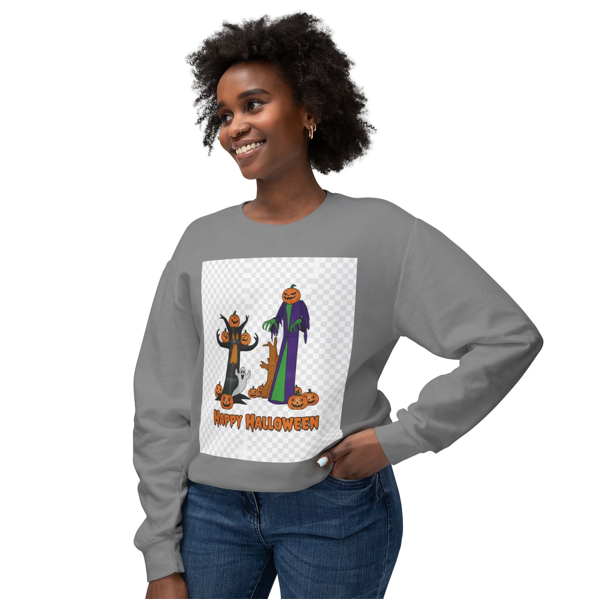 Halloween Pumpkin Ghost Crewneck Sweatshirt - "Happy Halloween" Graphic