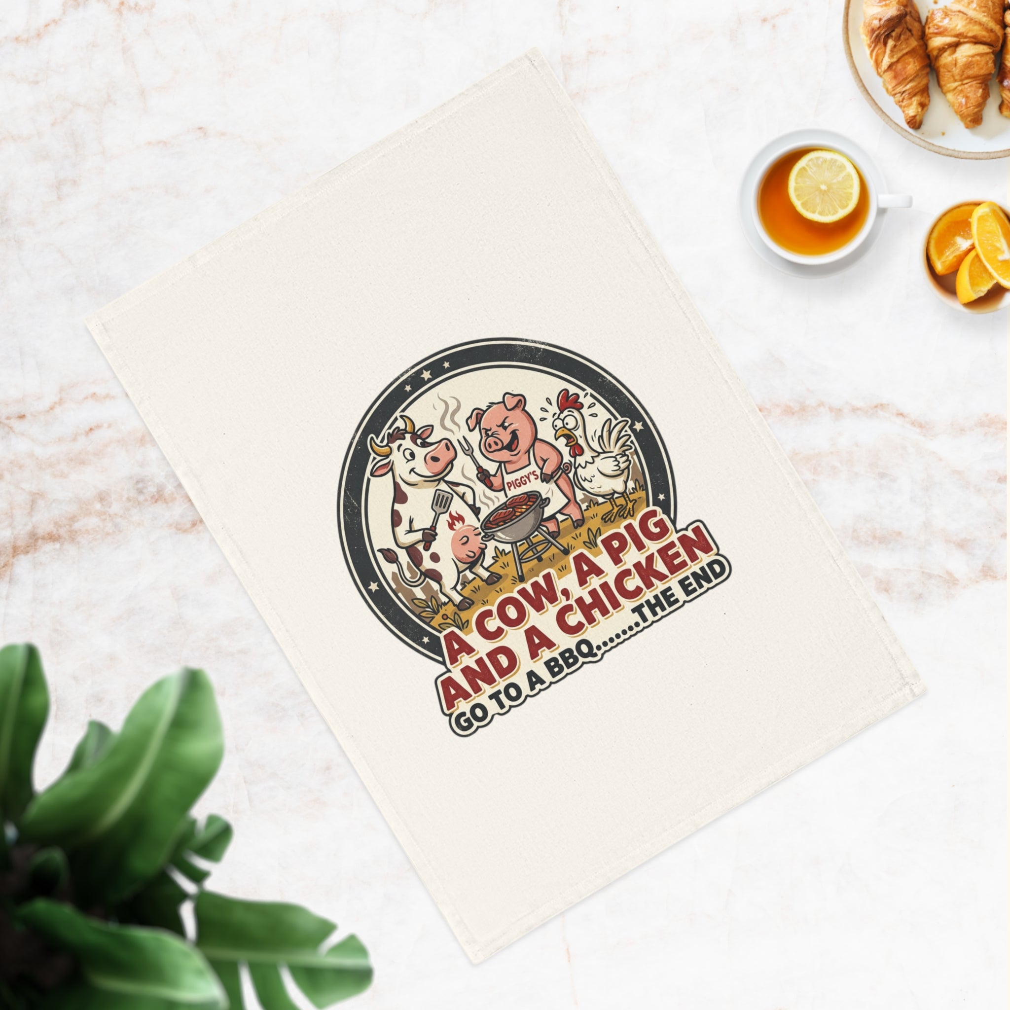 Cotton Tea Towel - Retro BBQ Farm Animals "A Cow, A Pig and A Chicken Go to a BBQ...The End"