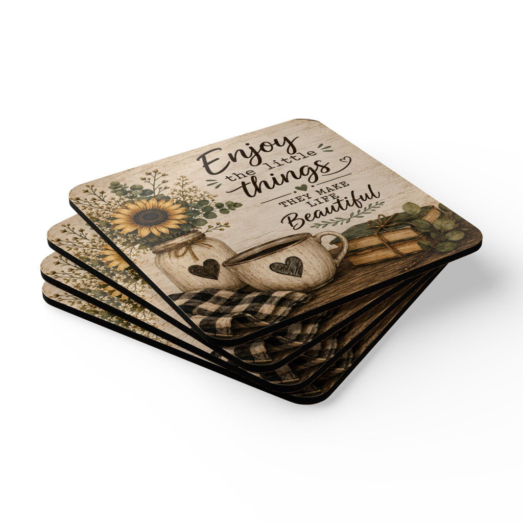 Enjoy the Little Things Cork Coaster Set – Rustic Sunflower Kitchen Decor (4-Pack)