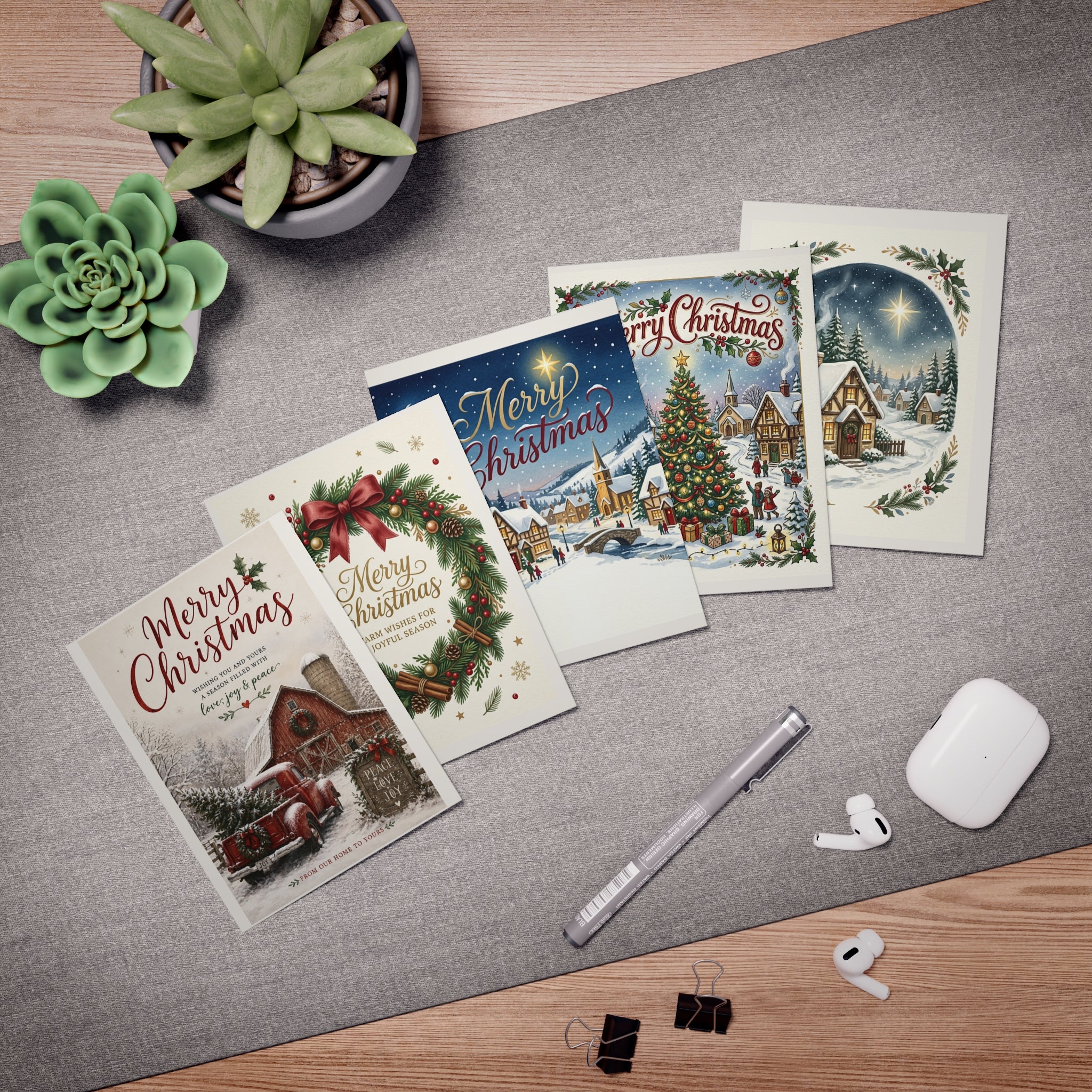 Vintage Christmas Greeting Cards — 5-Pack Assorted Holiday Scenes (Merry Christmas)