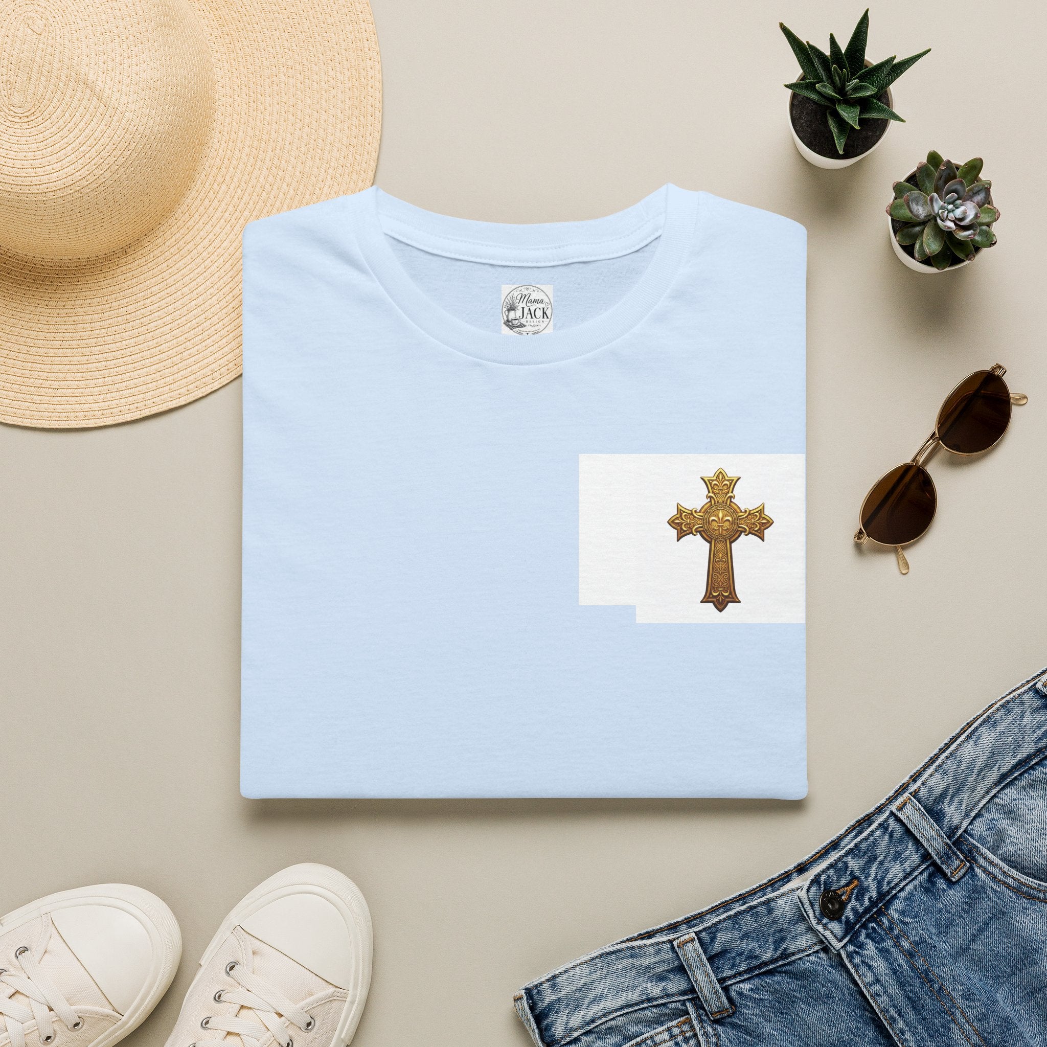 Gold Celtic Cross Pocket T‑Shirt — Small Chest Cross Christian Tee