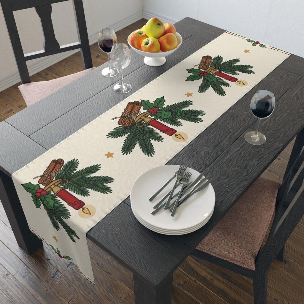 Christmas Candle & Holly Table Runner – Festive Holiday Dining Decor