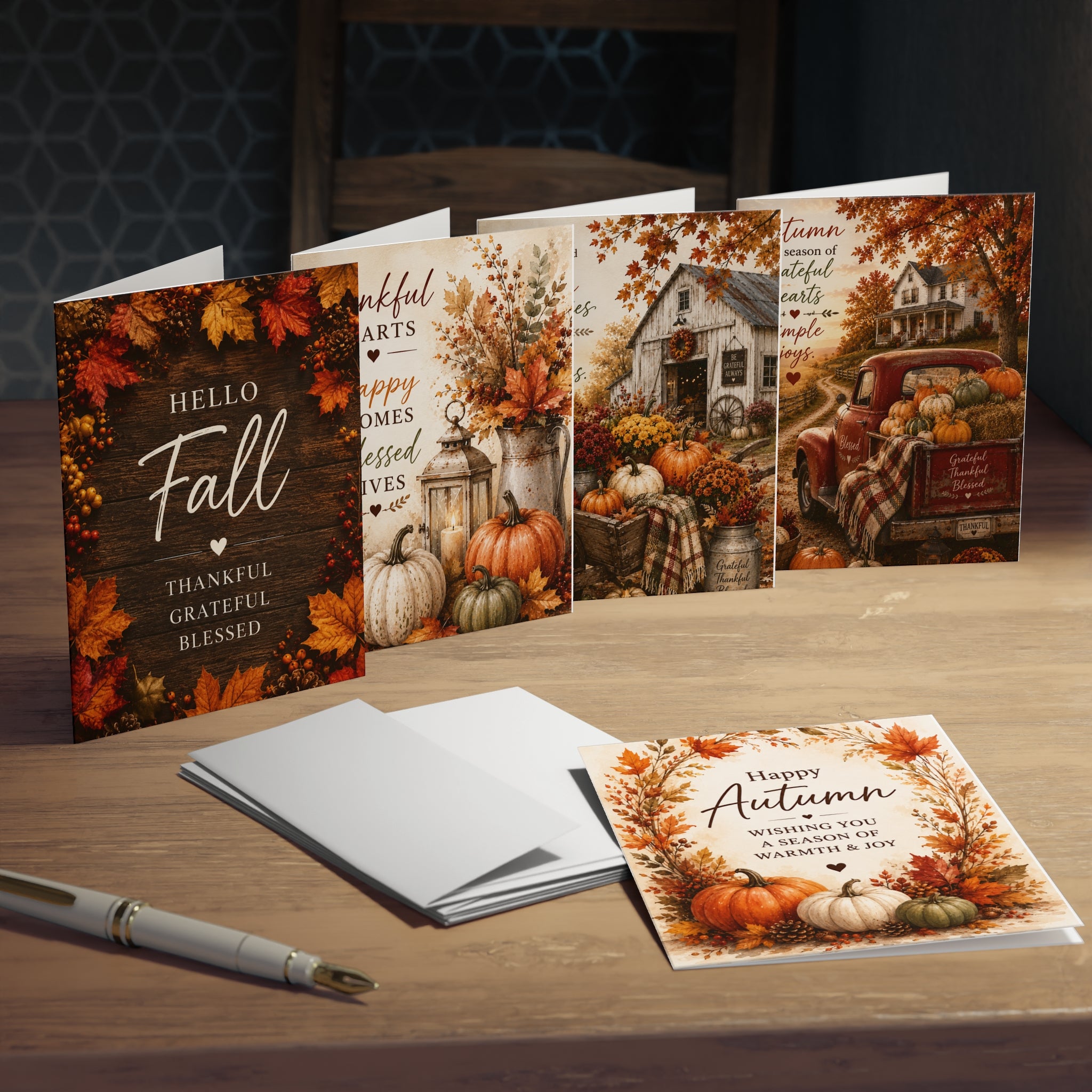 Autumn Harvest Greeting Cards 5-Pack — Hello Fall & Thankful Messages