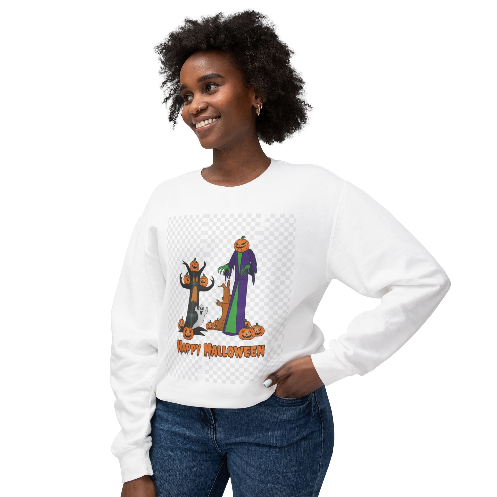 Halloween Pumpkin Ghost Crewneck Sweatshirt - "Happy Halloween" Graphic