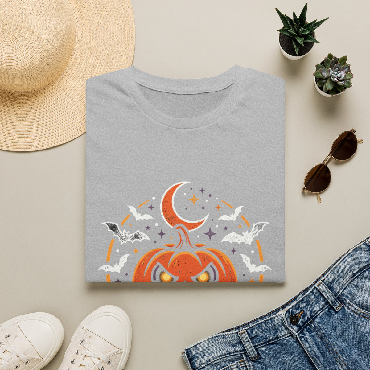 Halloween Pumpkin Tee — Jack-O'-Lantern Moon & Bats Graphic T-Shirt