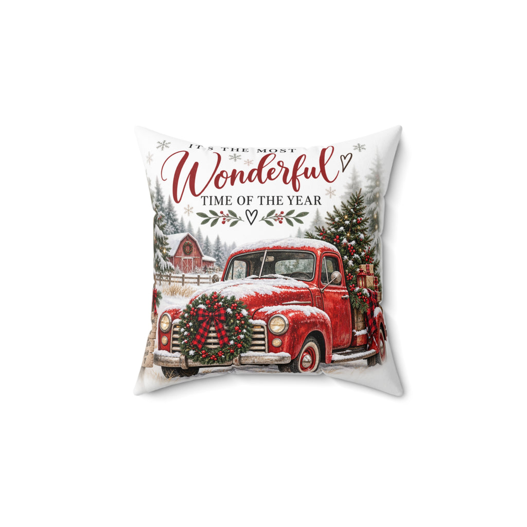 Christmas Vintage Red Truck Pillow — "It's the Most Wonderful Time of the Year" Holiday Throw Pillow
