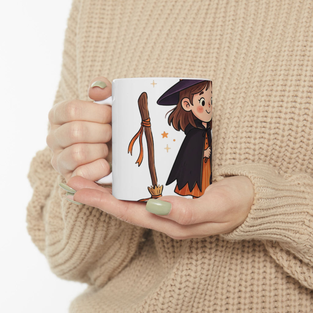 Halloween Cute Witch Ceramic Mug — Adorable Little Witch with Cauldron (11oz & 15oz)