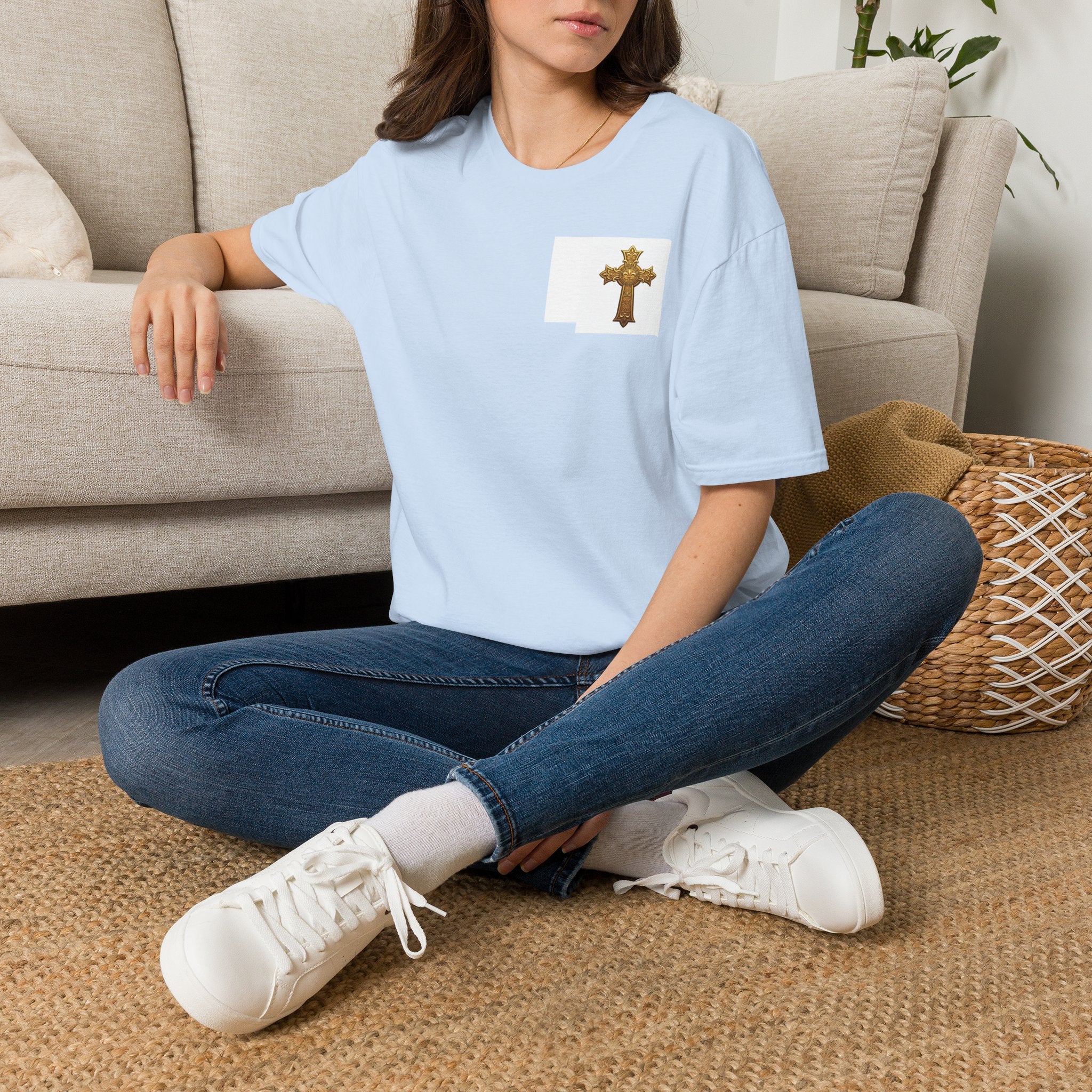 Gold Celtic Cross Pocket T‑Shirt — Small Chest Cross Christian Tee