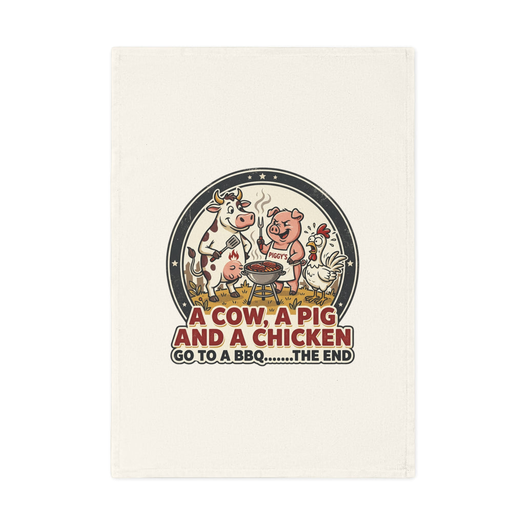 Cotton Tea Towel - Retro BBQ Farm Animals "A Cow, A Pig and A Chicken Go to a BBQ...The End"