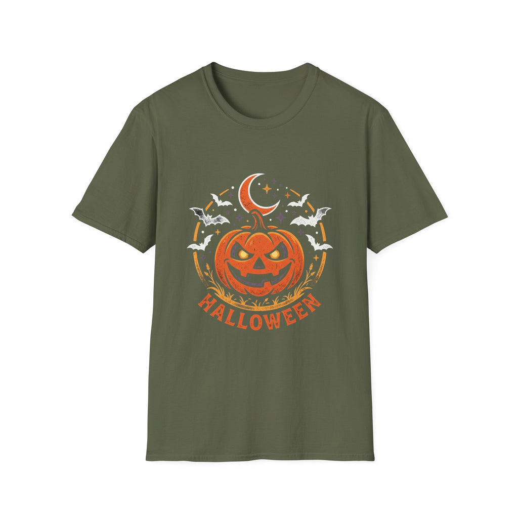 Halloween Pumpkin Tee — Jack-O'-Lantern Moon & Bats Graphic T-Shirt