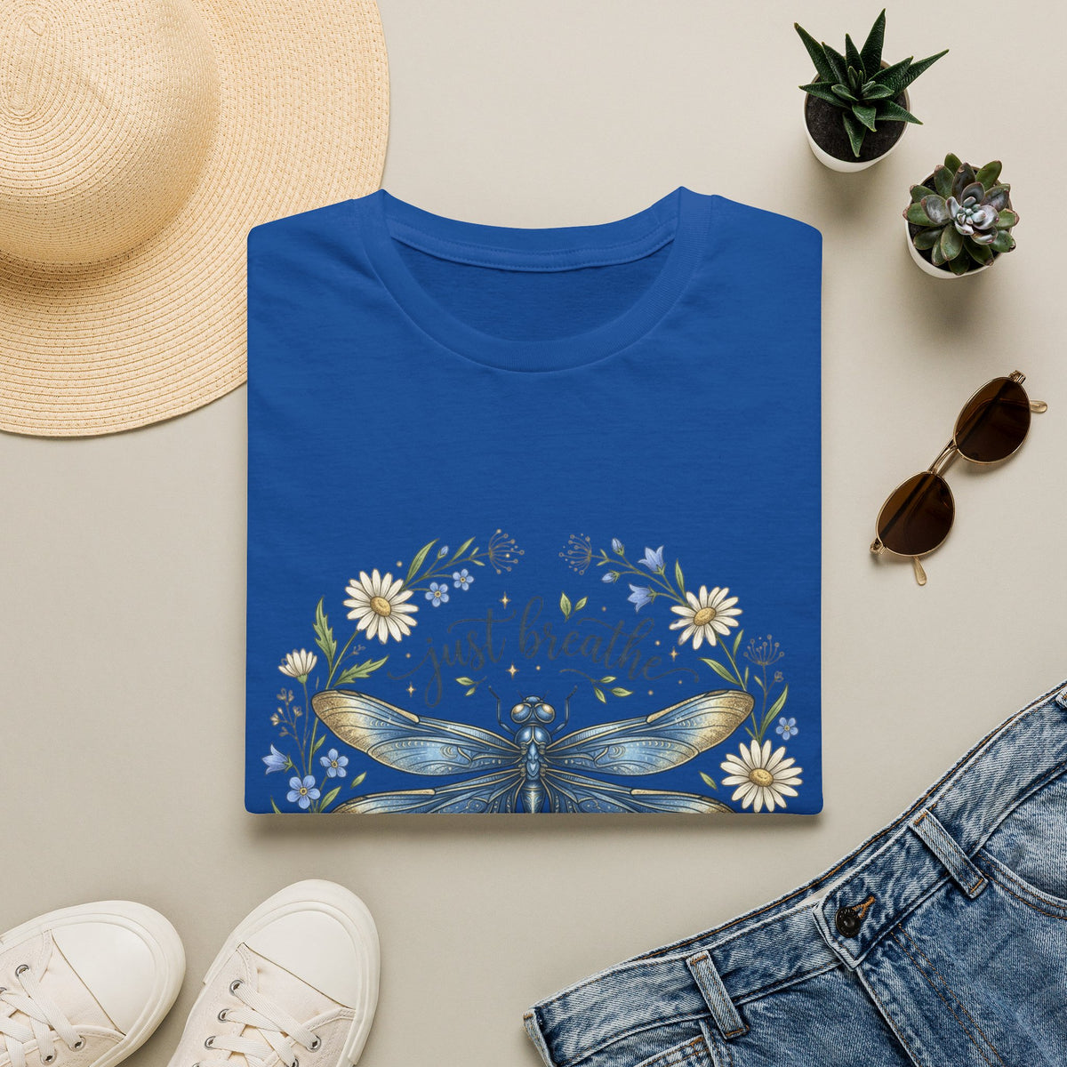 T-Shirt — "Just Breathe" Dragonfly Floral Relaxation Tee