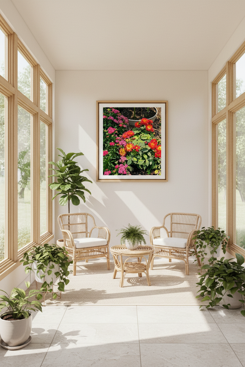 Floral Garden Canvas Print — Vibrant Red & Pink Dahlias Stretched Wall Art