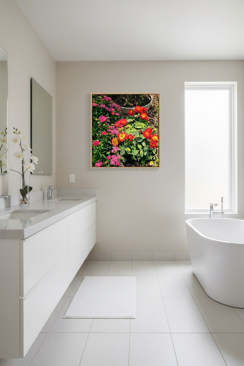 Floral Garden Canvas Print — Vibrant Red & Pink Dahlias Stretched Wall Art