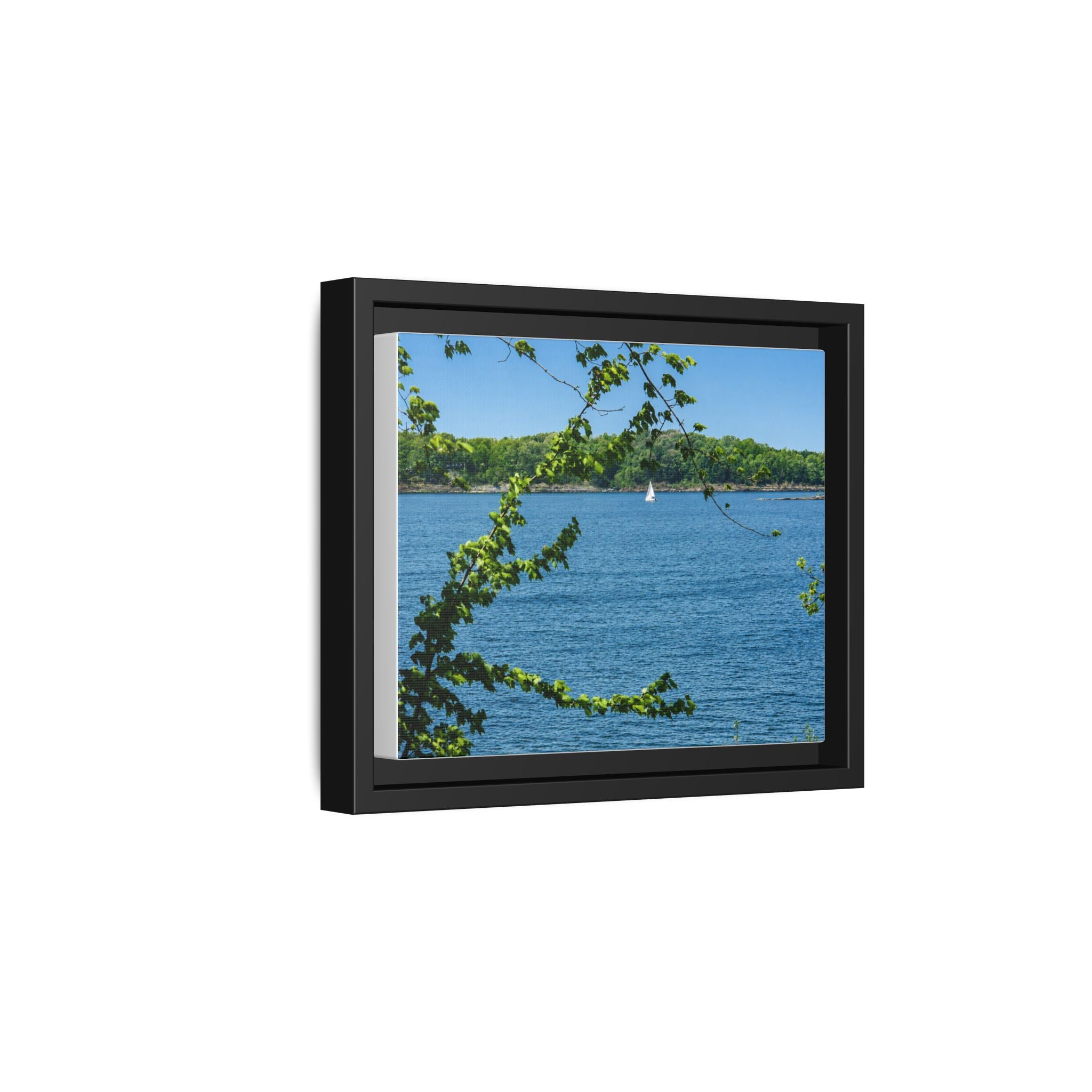 Framed Matte Canvas Print — Lakeside Sailboat Wall Art