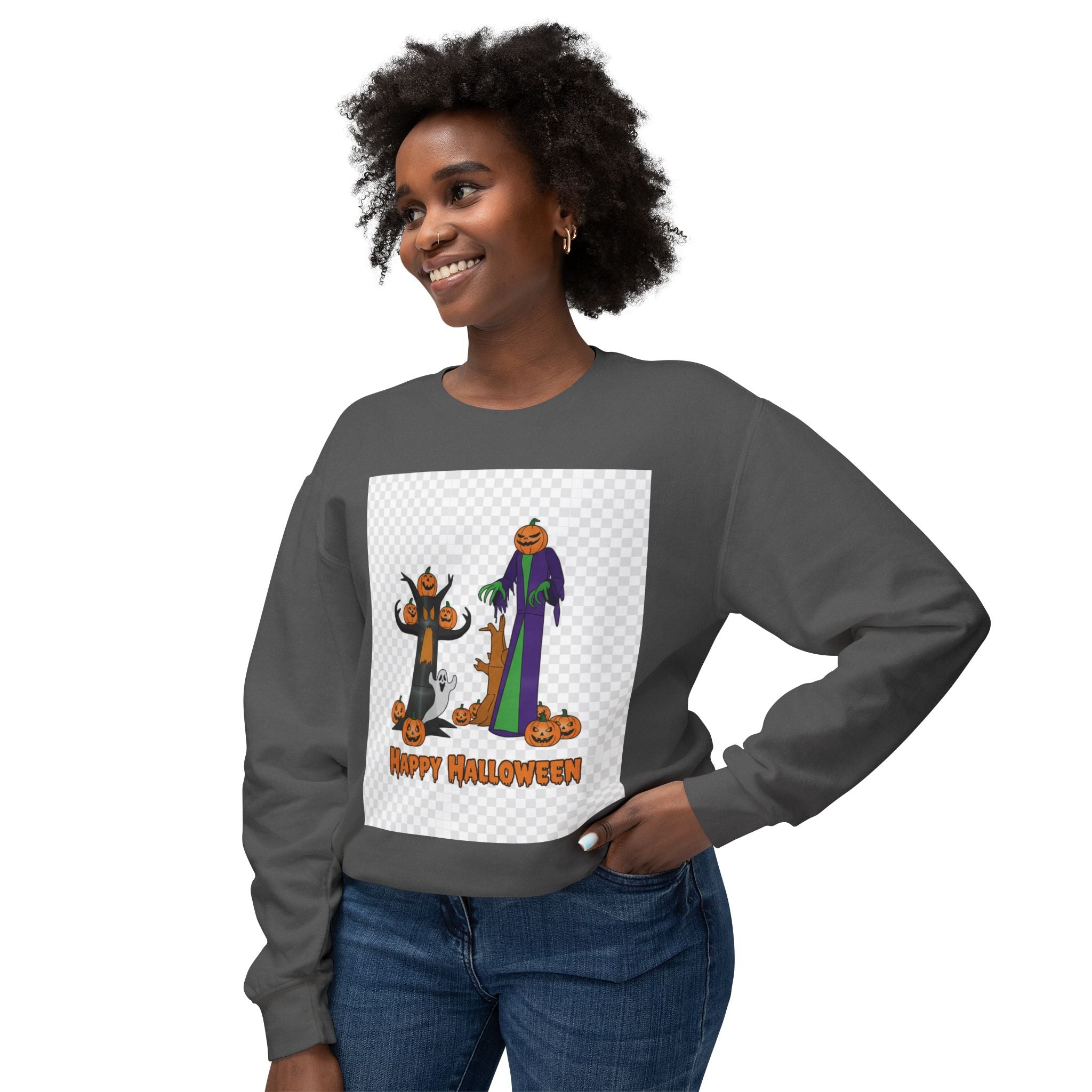 Halloween Pumpkin Ghost Crewneck Sweatshirt - "Happy Halloween" Graphic