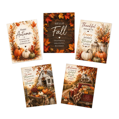 Autumn Harvest Greeting Cards 5-Pack — Hello Fall & Thankful Messages