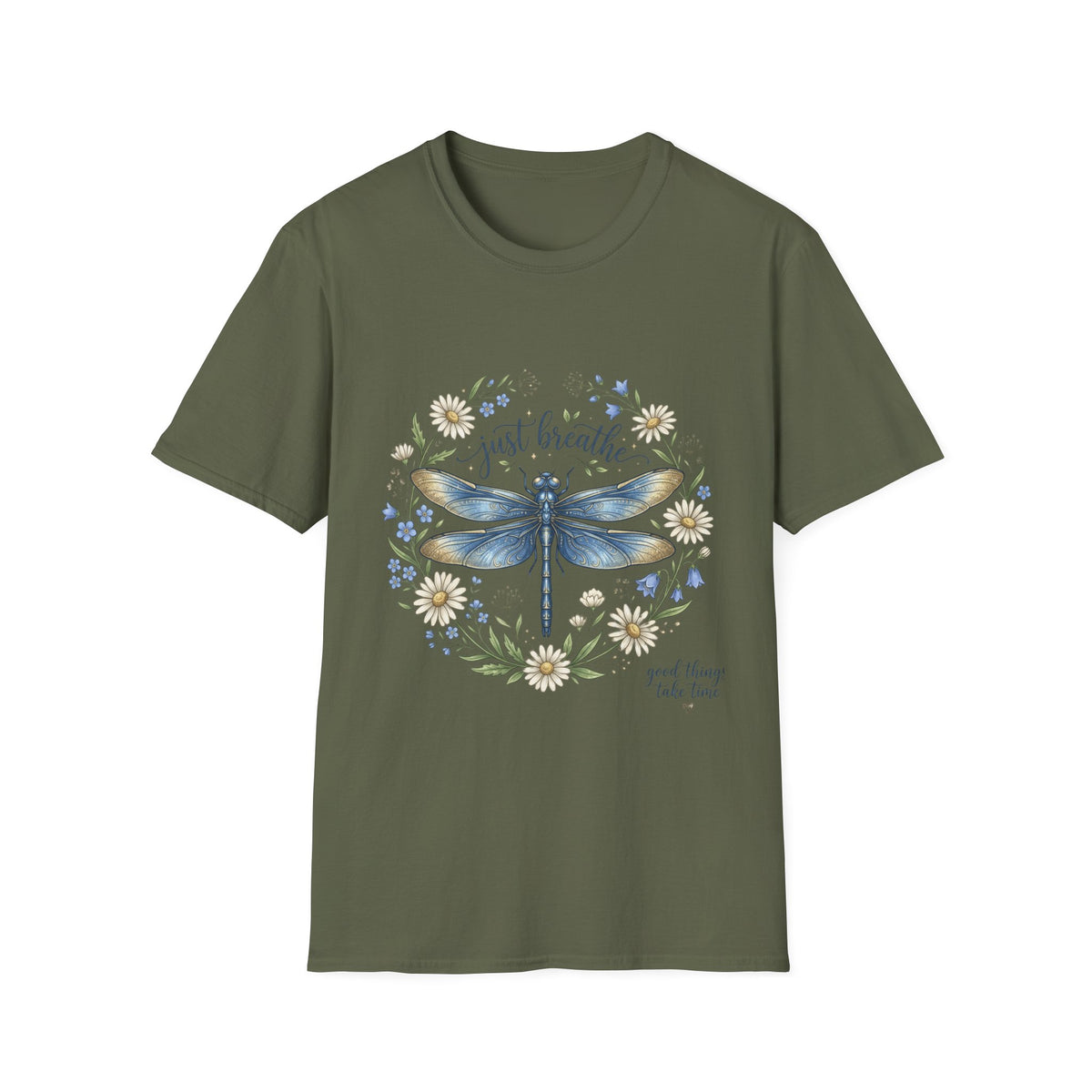 T-Shirt — "Just Breathe" Dragonfly Floral Relaxation Tee