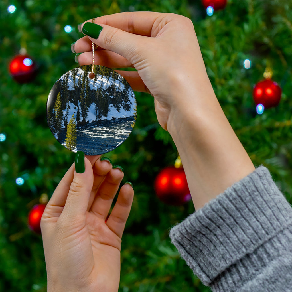 Scenic Winter River Ceramic Ornament – Round Holiday Keepsake